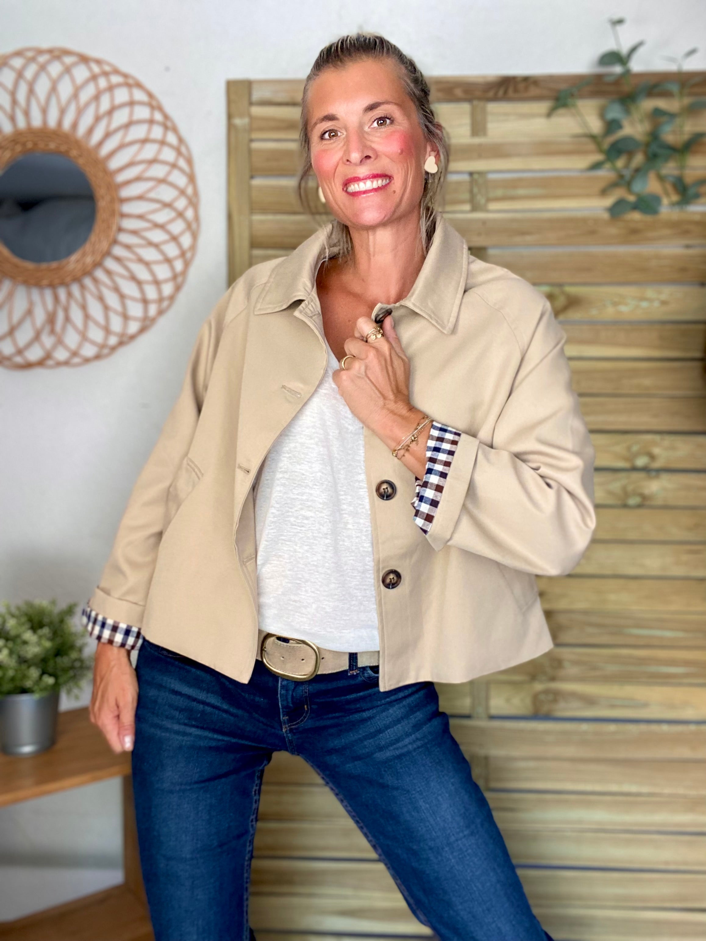 Veste Trench en coton beige avec vichy - YSEULT