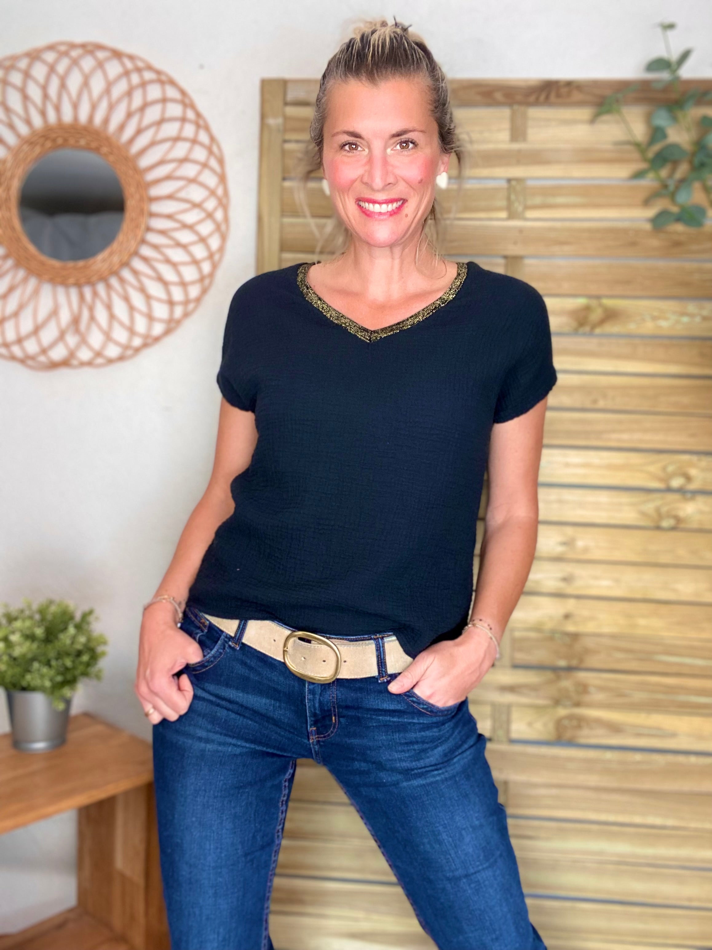 Précommande Expédition mi mai - Top en gaze de coton et lurex MARTA - Noir