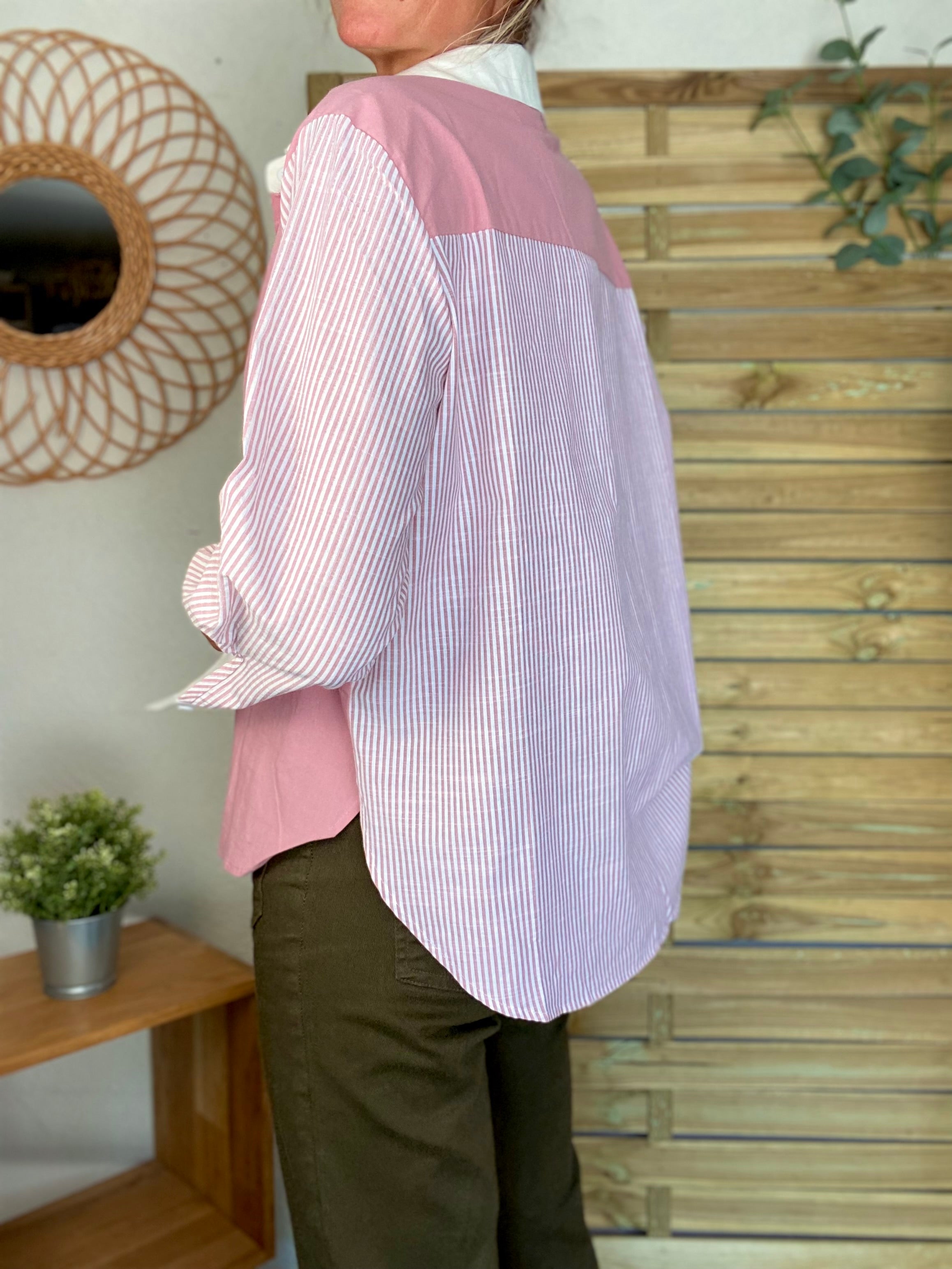 Chemise en coton rayée et uni JULIETTE - Rose