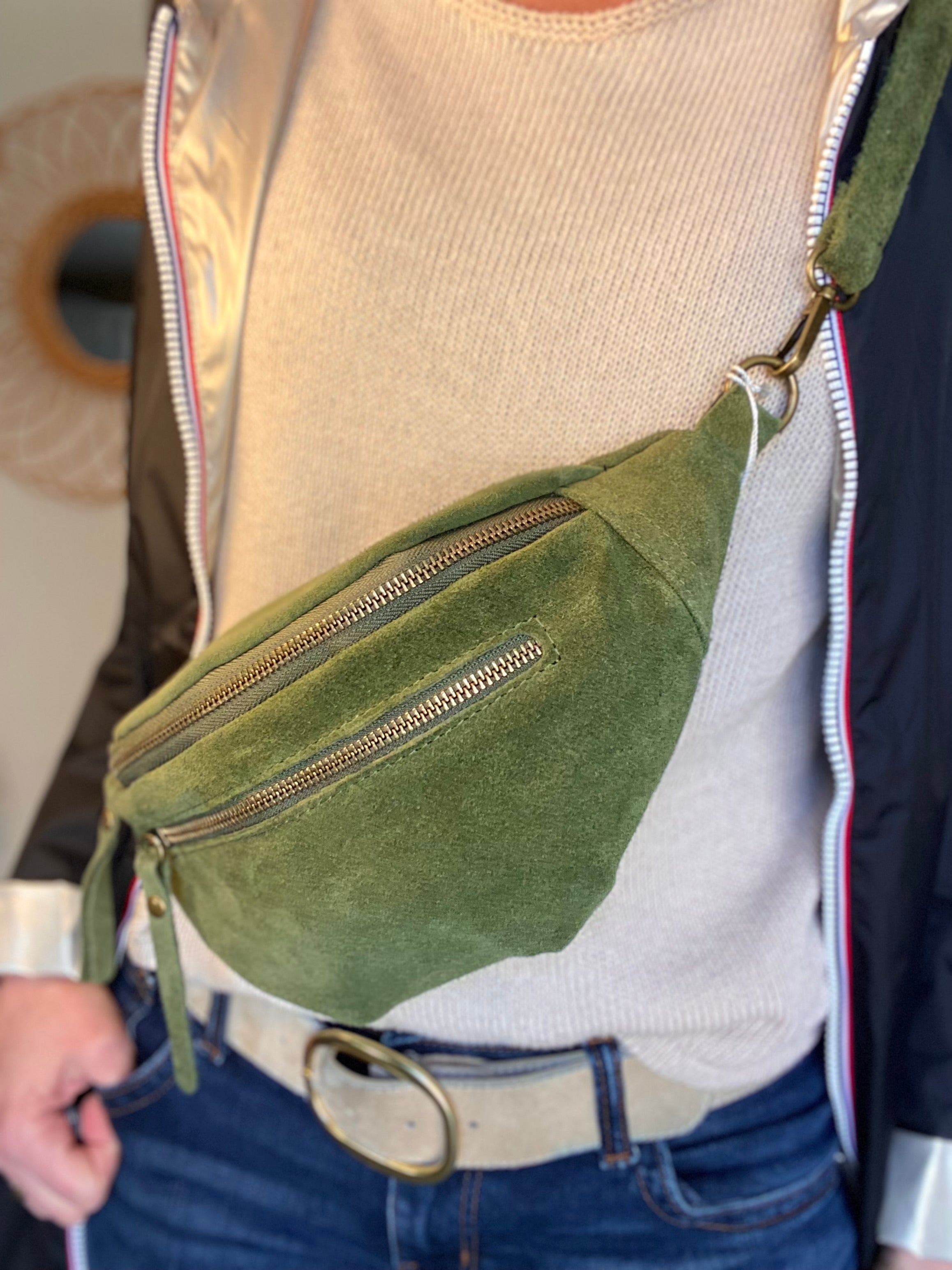 Sac banane double poche en cuir daim - OPALINE - Vert Olive (Kaki clair)