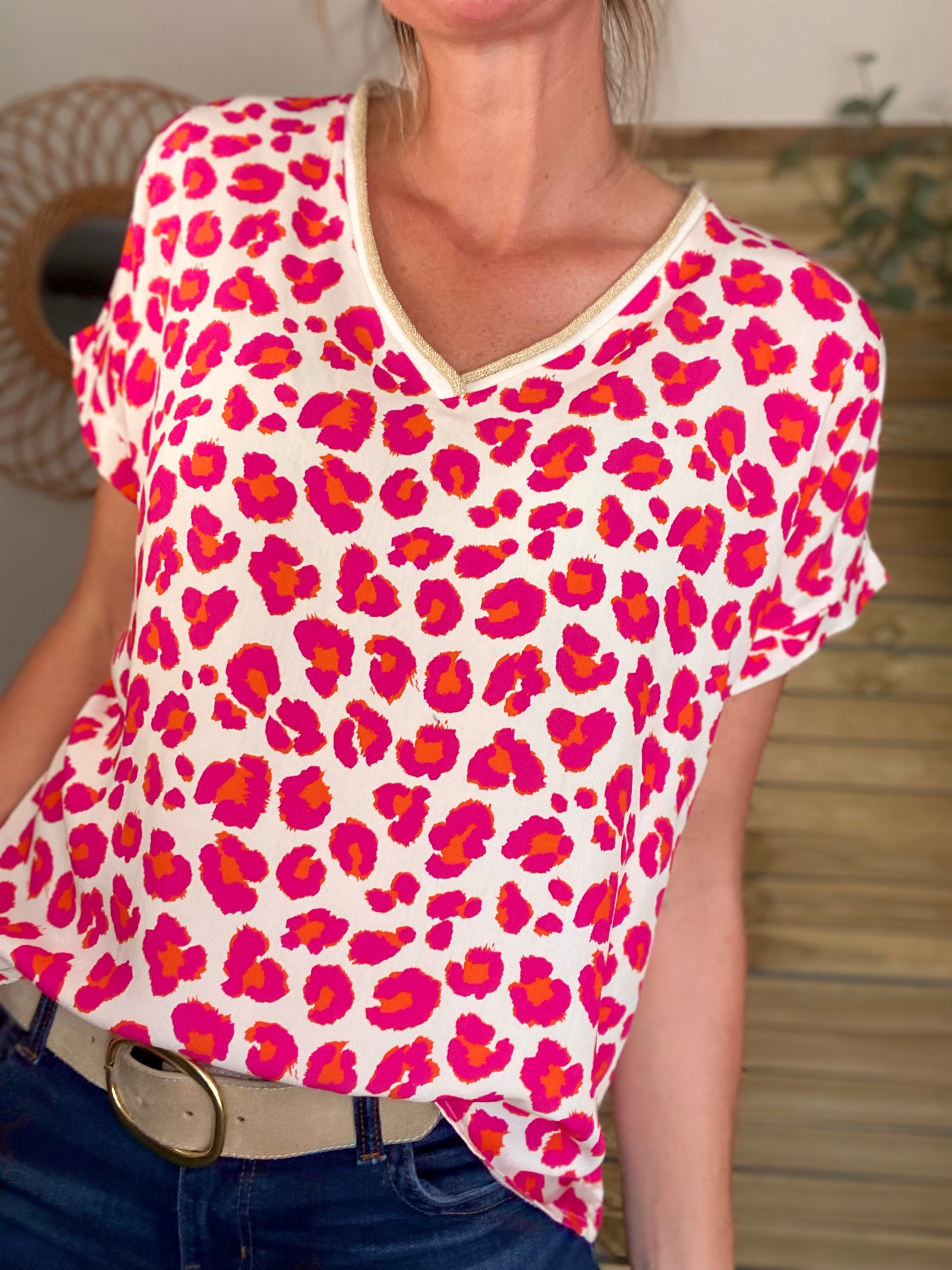 Top imprimé Léo col V avec lurex MISHA - Fuschia