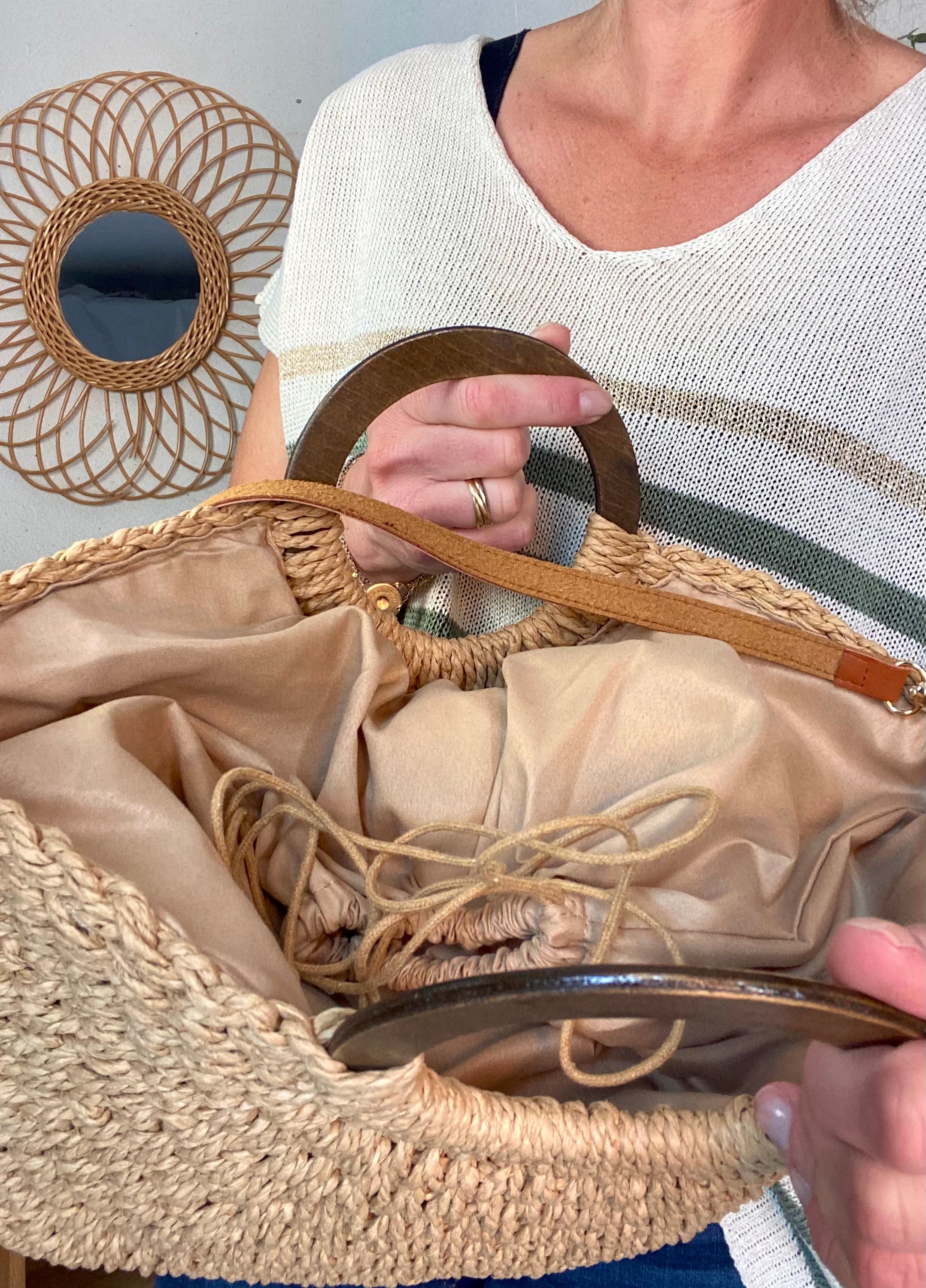 Sac à main et bandoulière en paille PAULA - Beige foncé