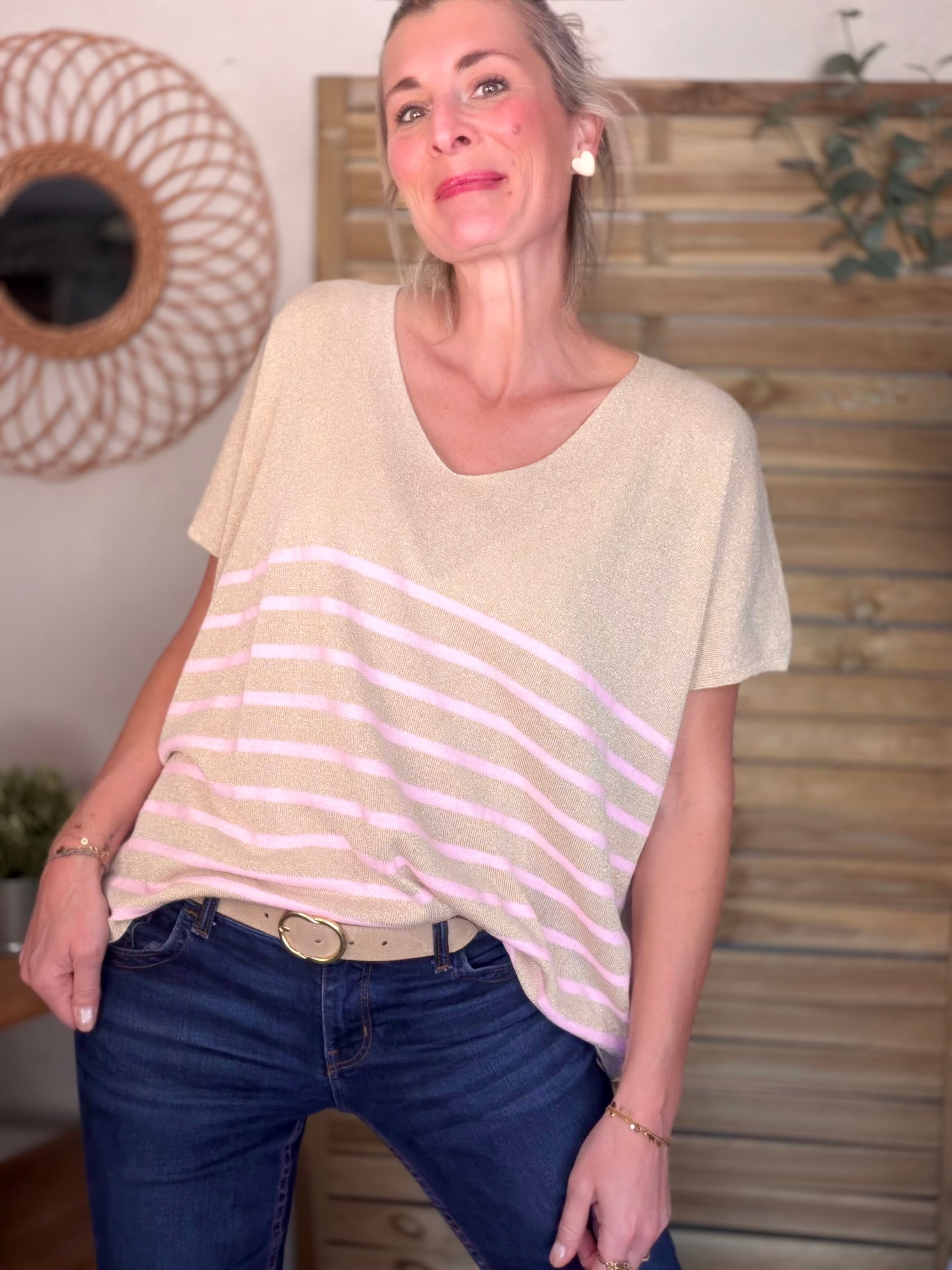 Top maille lurex col V IRINA Rose