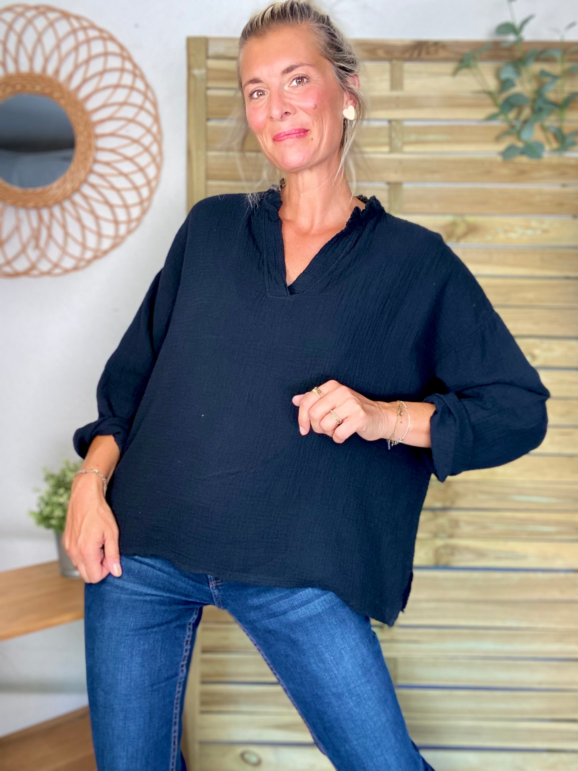Blouse en gaze de coton SIERRA Noire - manches longues