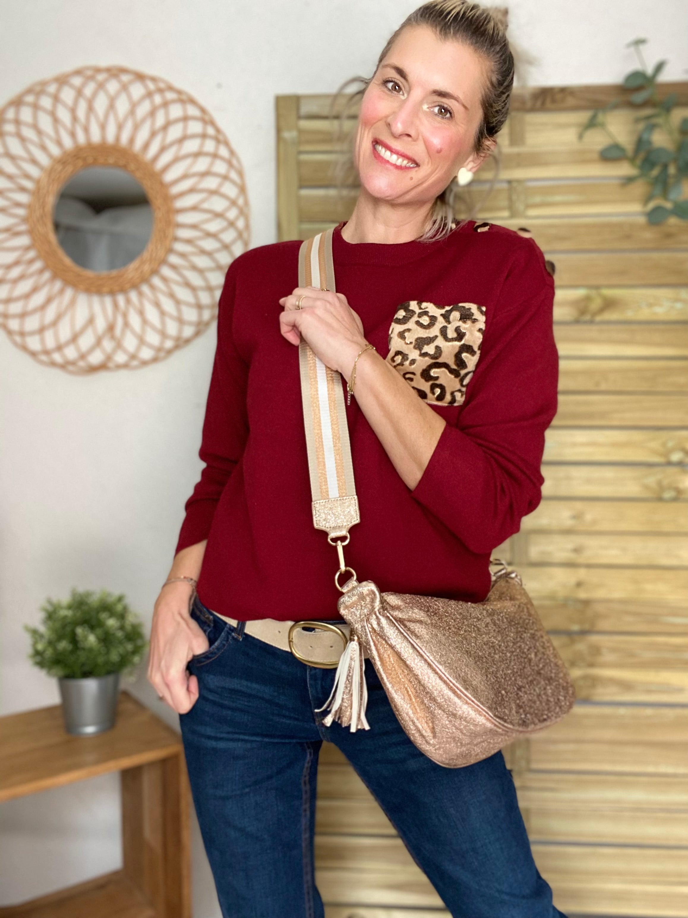 Sac besace demi-lune XL irisé, sangle fantaisie - AMY - Rose irisé
