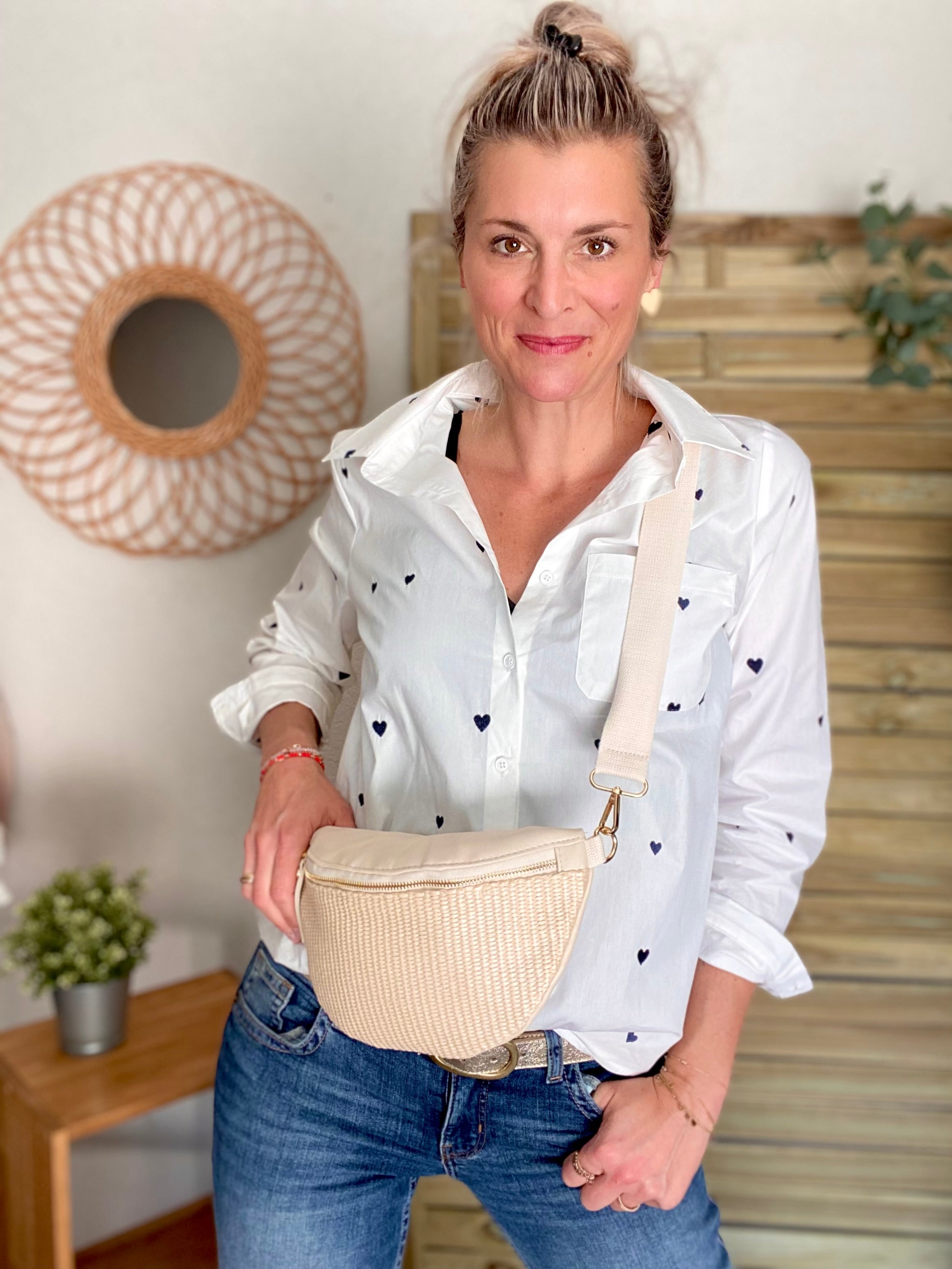 Sac banane bi-matière effet paille - DOLLY Atelier Paname - Beige clair / écru (format L) - FIN DE SÉRIE