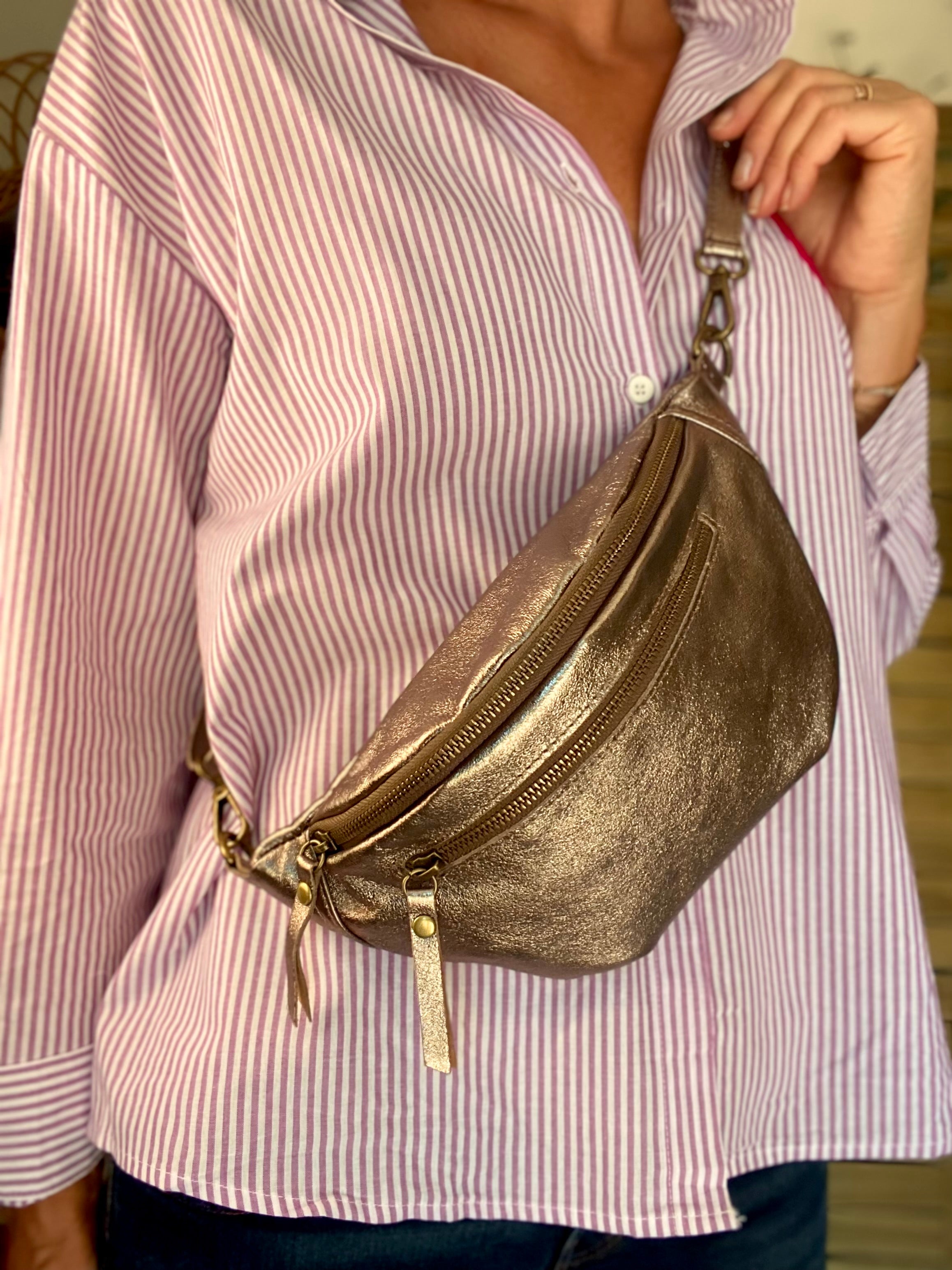 Sac banane en cuir irisé double poche - OPALE - Bronze / étain
