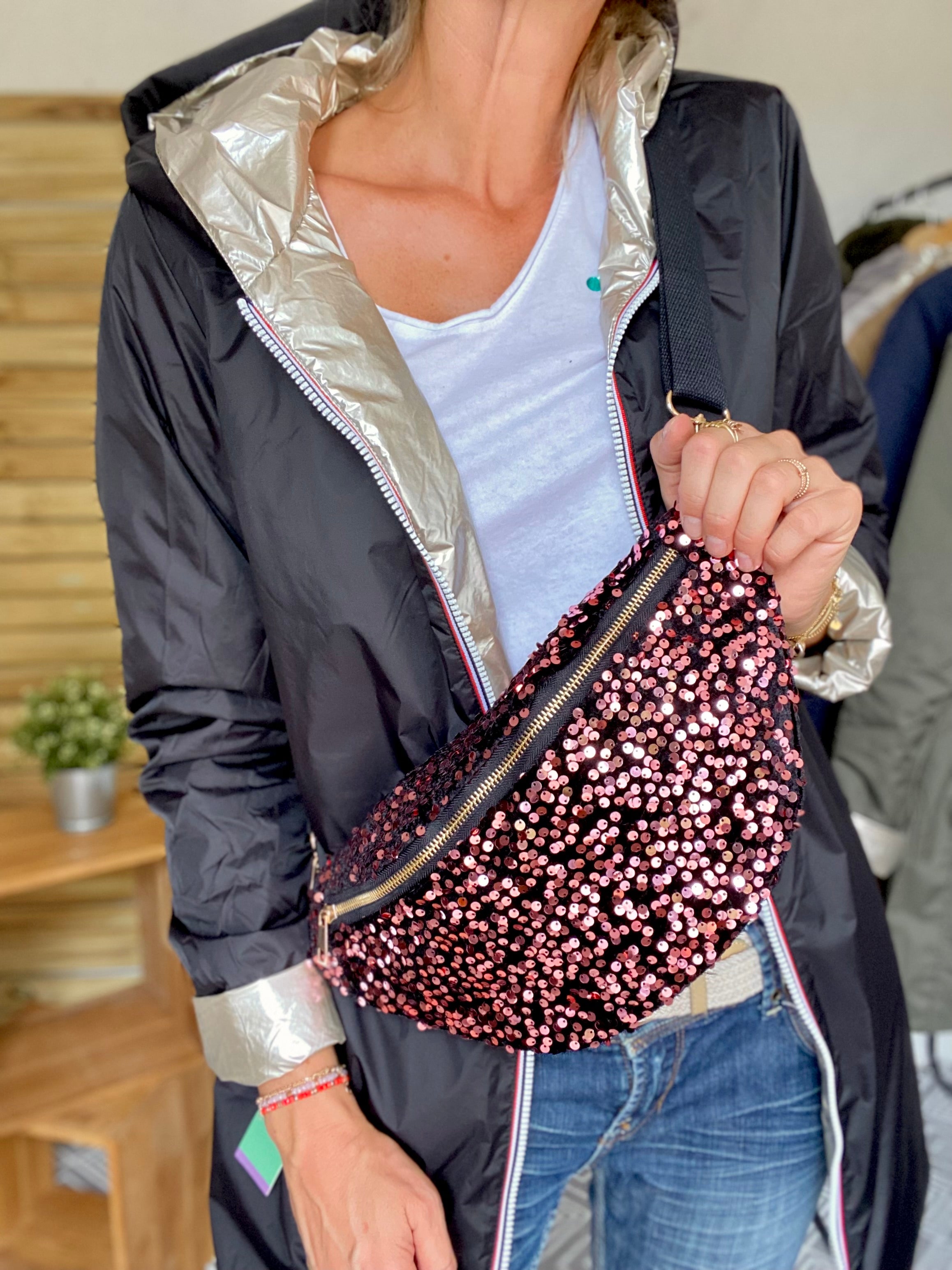 Sac banane L velours à sequins Ciao Boum - TAYLOR - Noir à sequins champagne / rosés