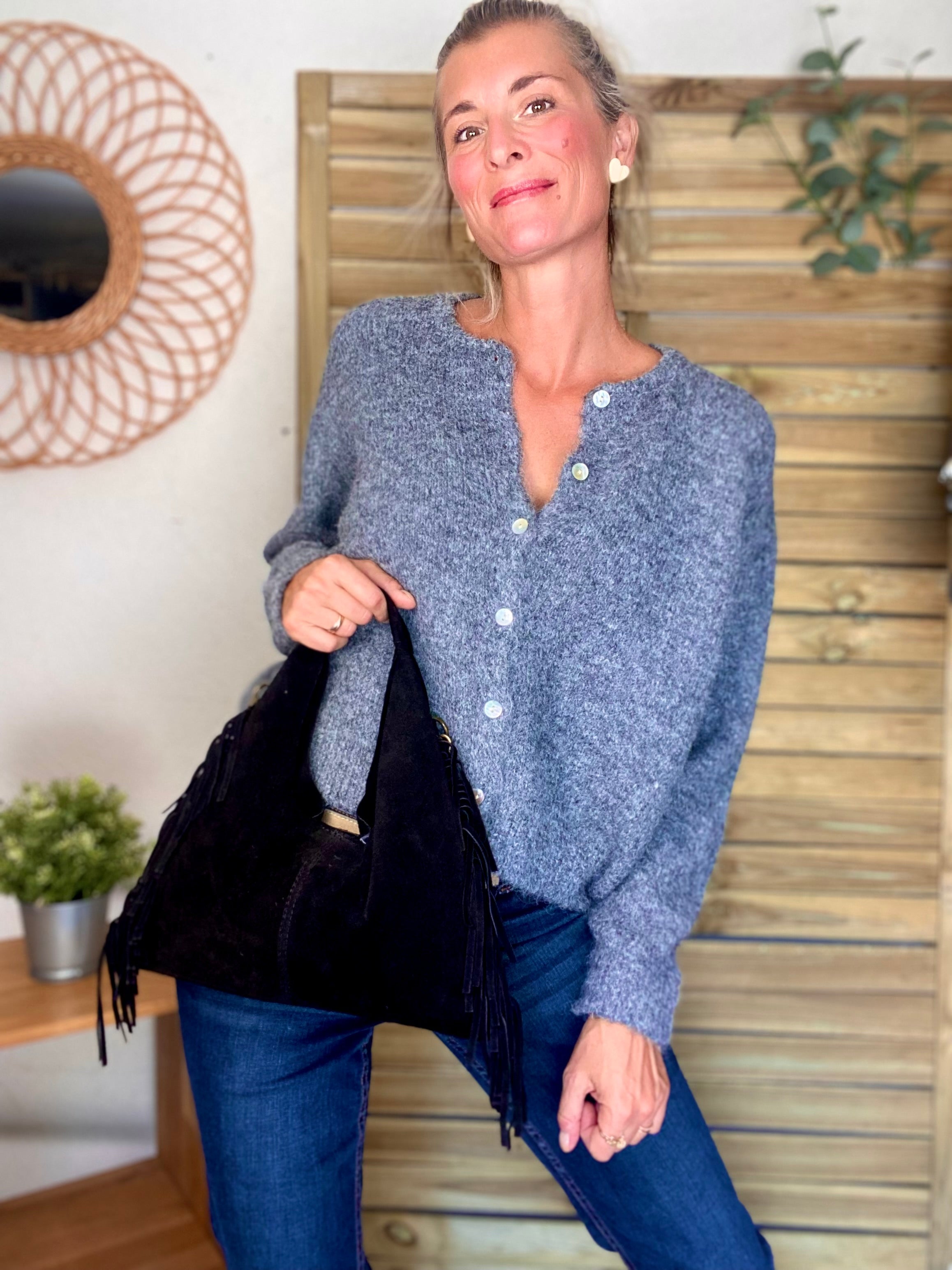 Sac en cuir daim avec franges AARON - Noir