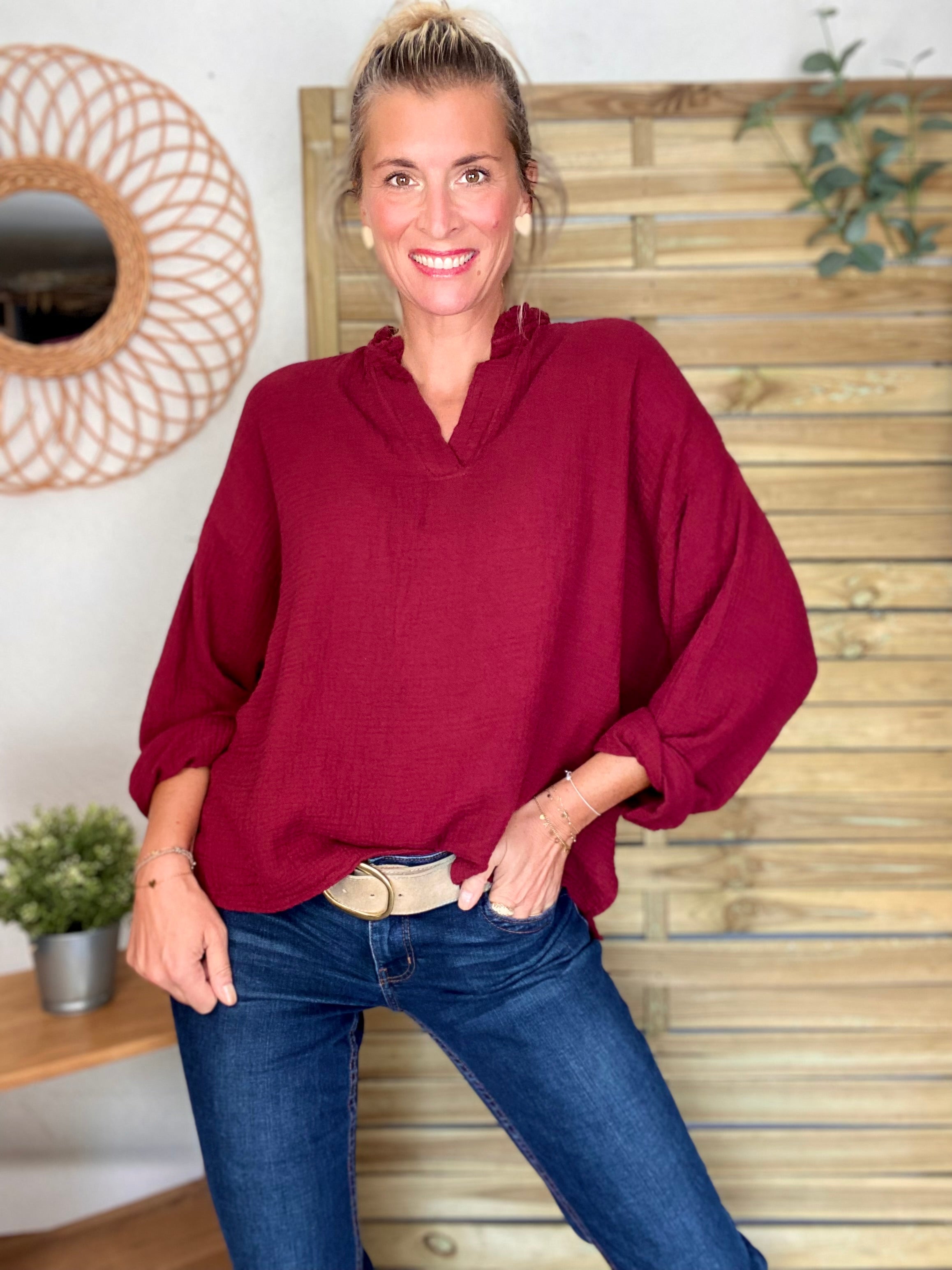 Blouse en gaze de coton SIERRA Bordeaux - manches longues