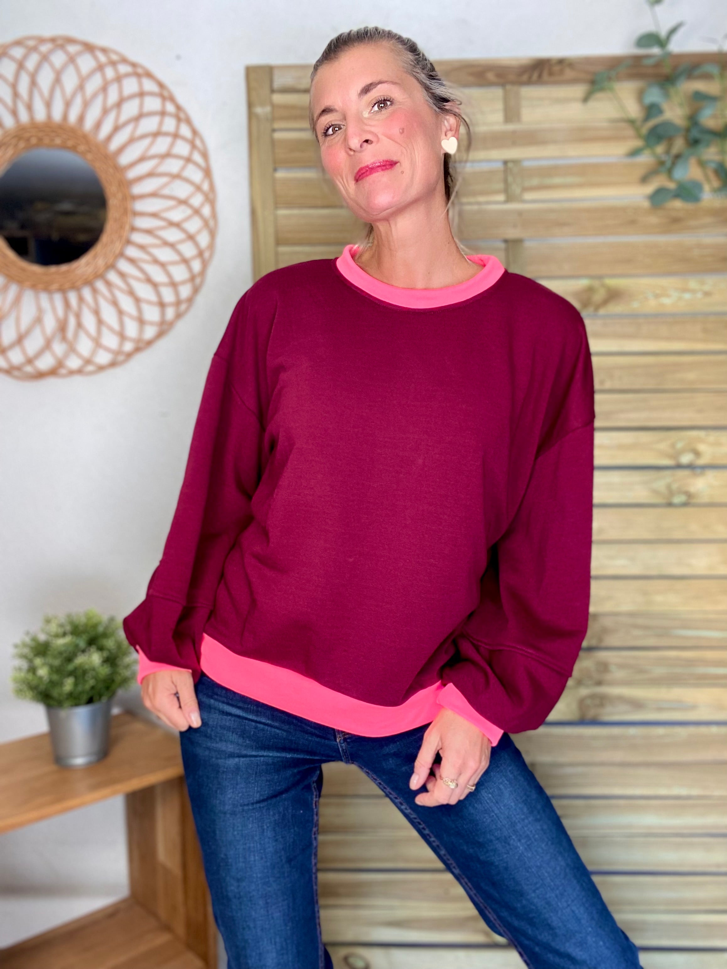 Sweat oversize uni Bordeaux/Rose fluo ISALINE