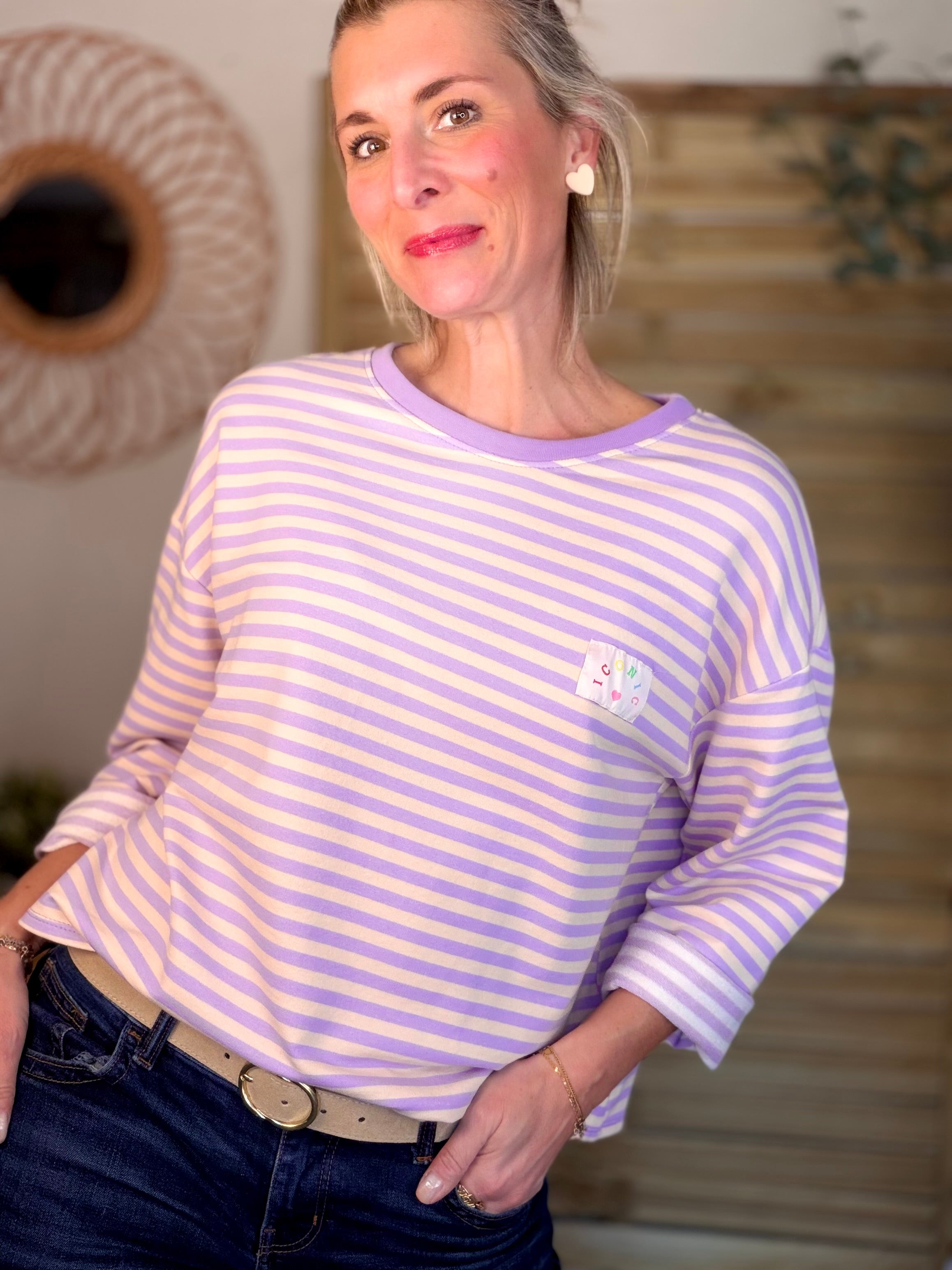 Sweat fin rayé ample Iconic CORALIE - Lilas