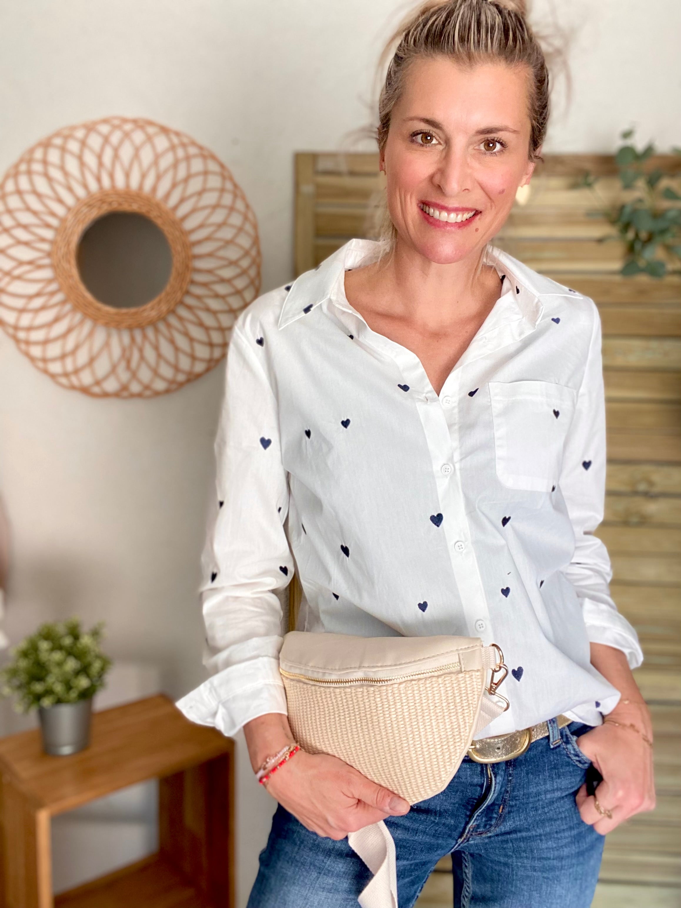 Sac banane bi-matière effet paille - DOLLY Atelier Paname - Beige clair / écru (format L) - FIN DE SÉRIE
