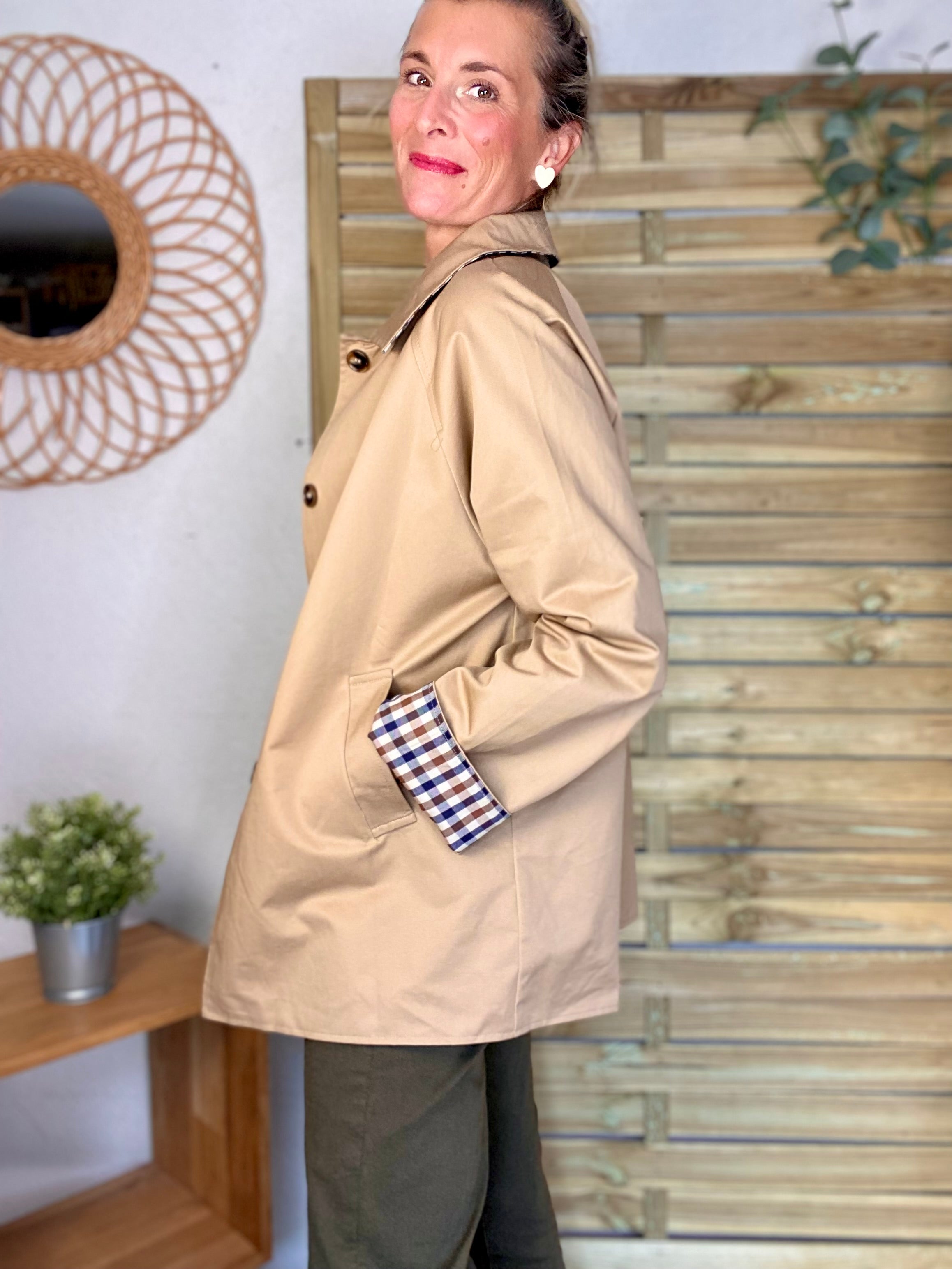 Veste Trench mi long réversible vichy LENA - Camel clair