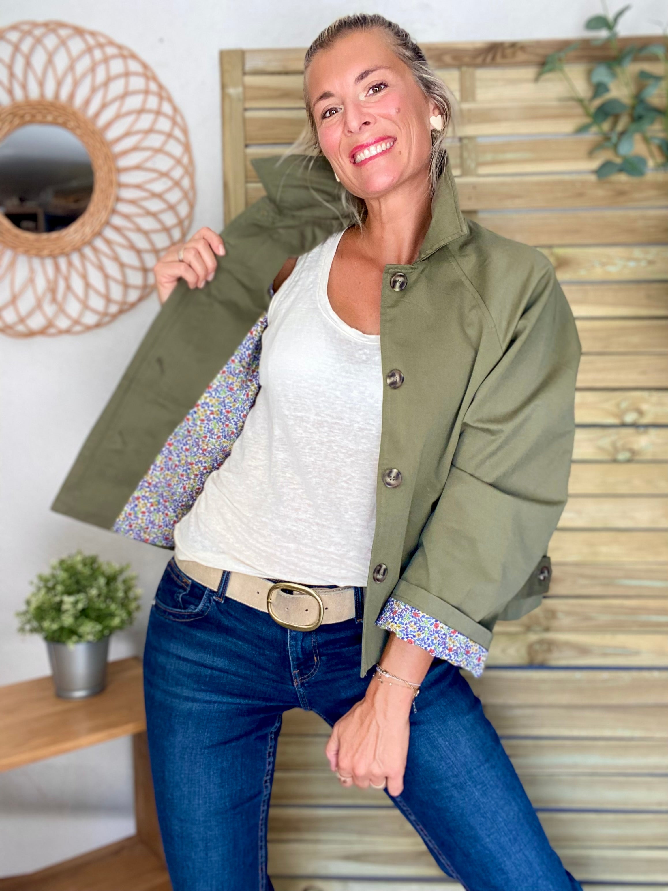Veste Trench en coton kaki avec Liberty - MAHAUT