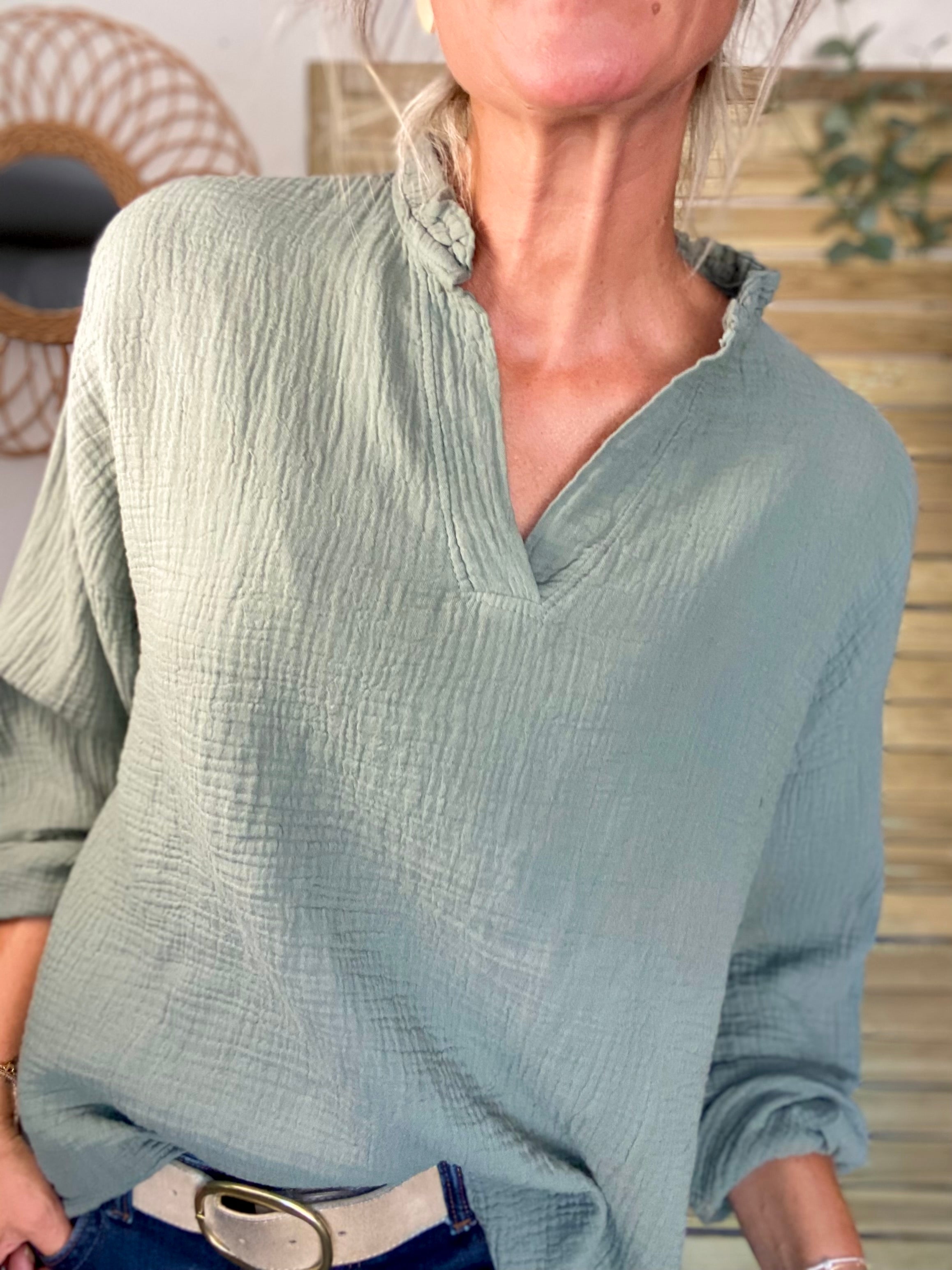 Blouse en gaze de coton SIERRA Kaki - manches longues