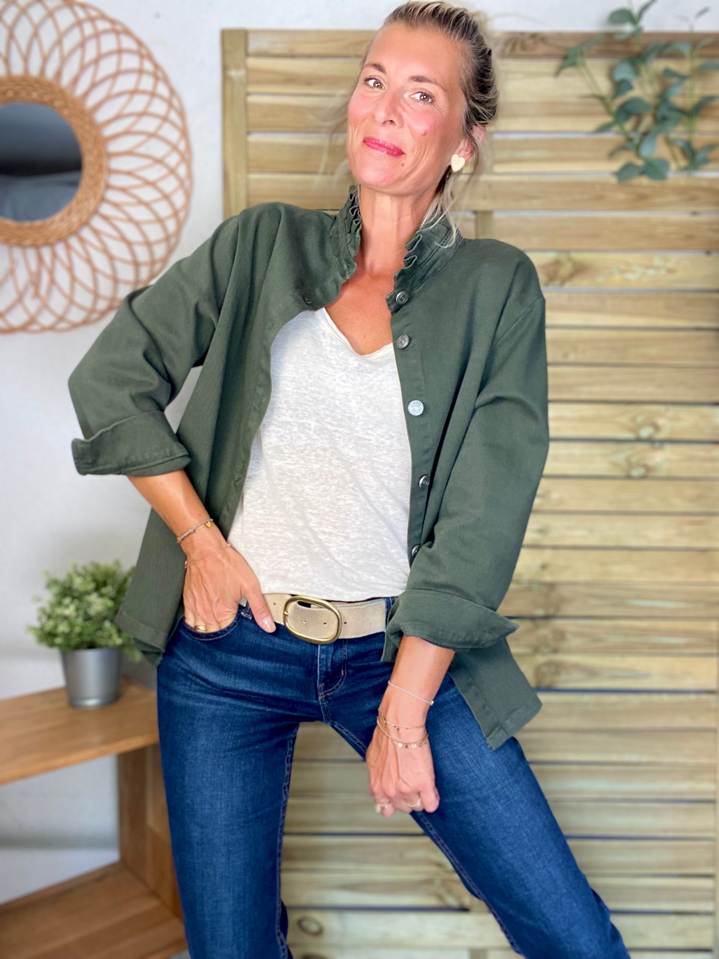 Veste / Chemise en coton, col volanté Kaki LISON