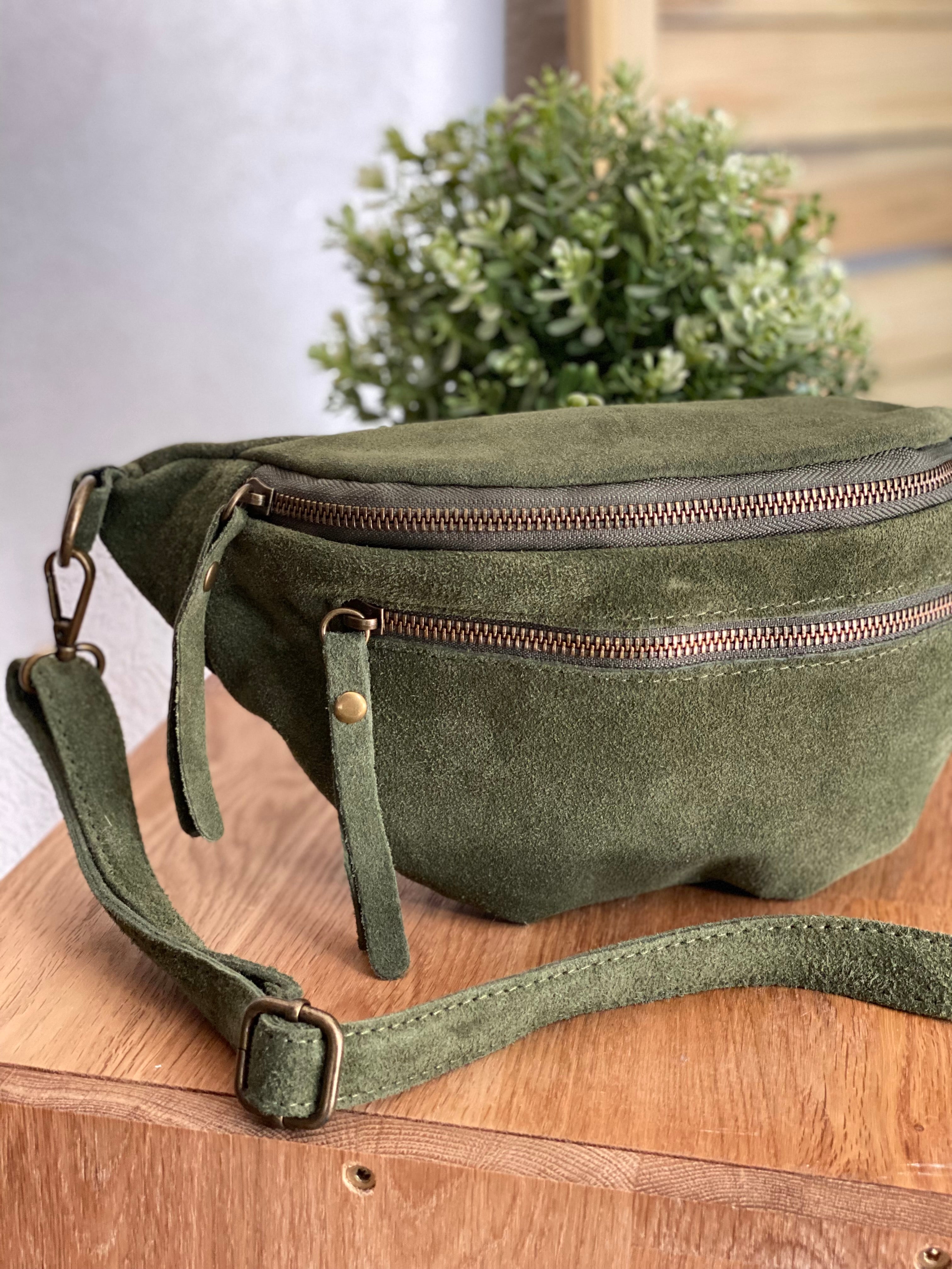 Sac banane double poche en cuir daim - OPALINE - Vert Olive (Kaki clair)