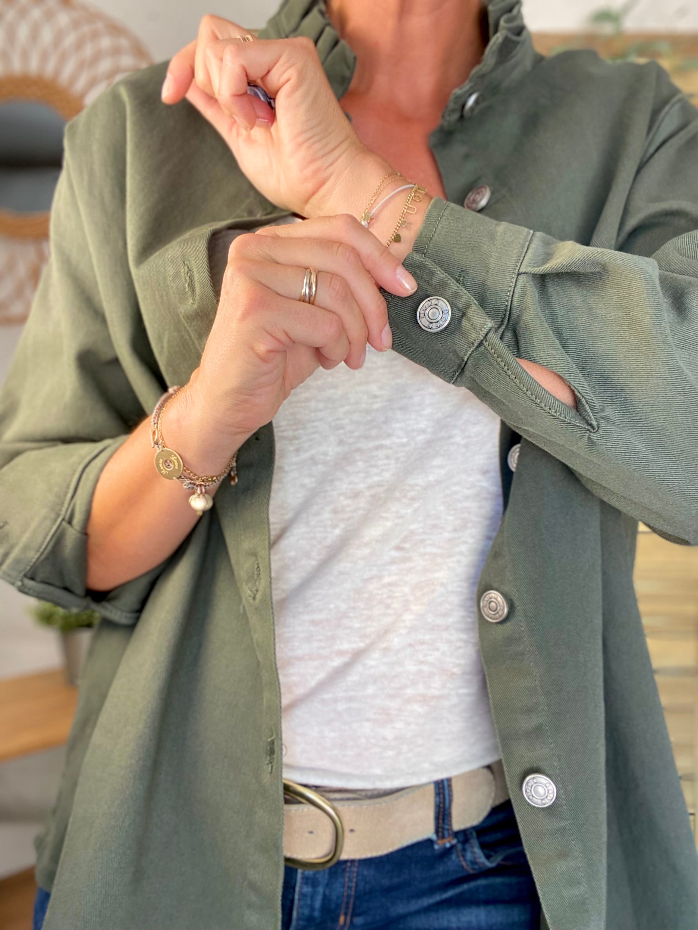 Veste / Chemise en coton, col volanté Kaki LISON