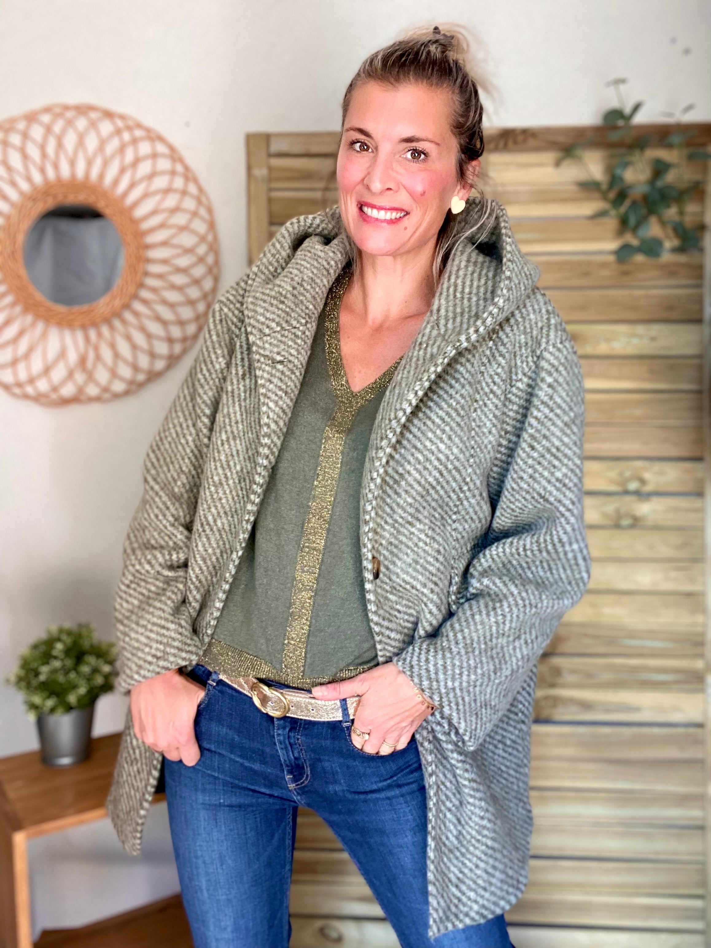 Manteau laine AGATHE avec détails Léo (étoile capuche) - Kaki - FIN DE SÉRIE