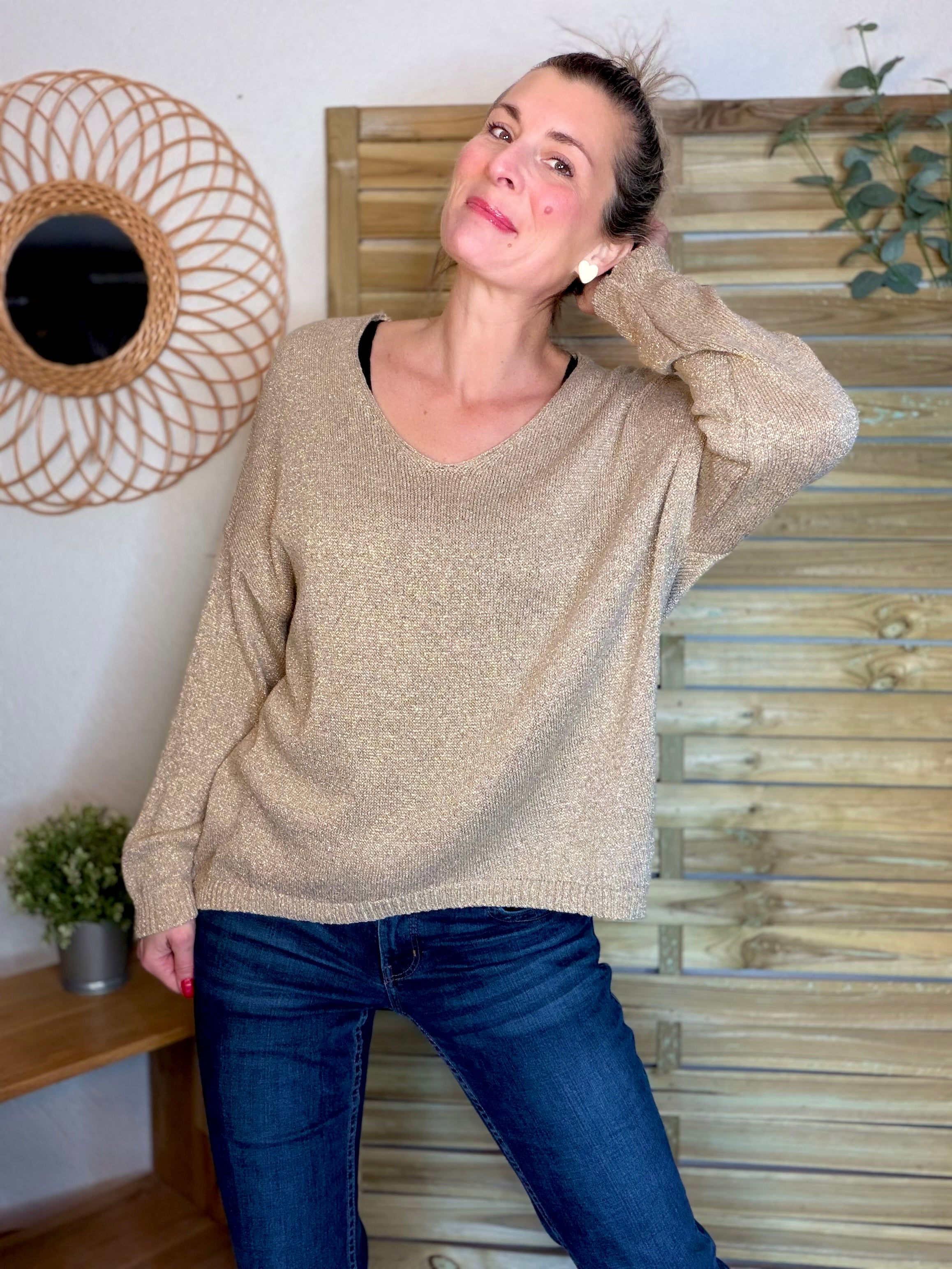Pull maille lurex et étoile ⭐️ POLLY - Doré / Choco