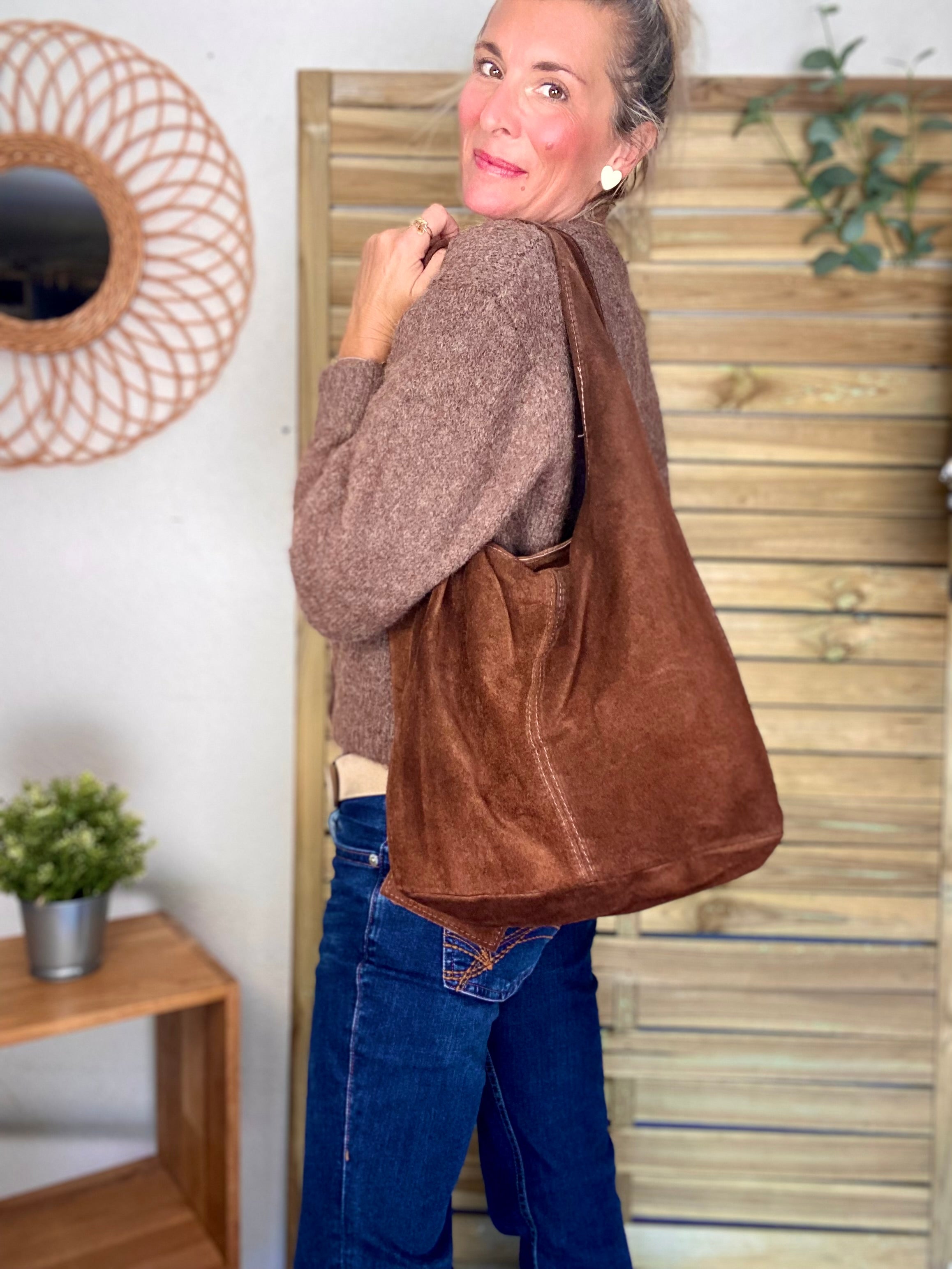 Sac cabas cuir daim MARLON - Chocolat