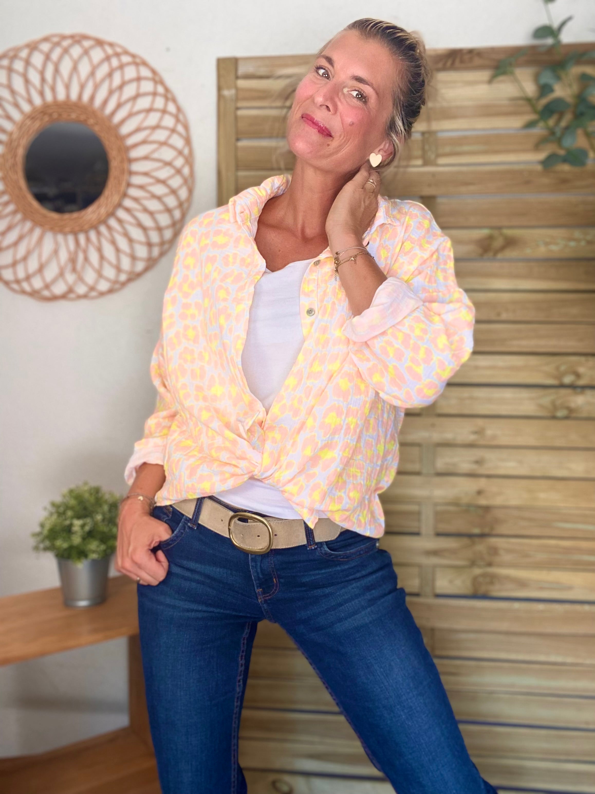 Chemise en gaze de coton imprimé Léo MARCIA - Orange