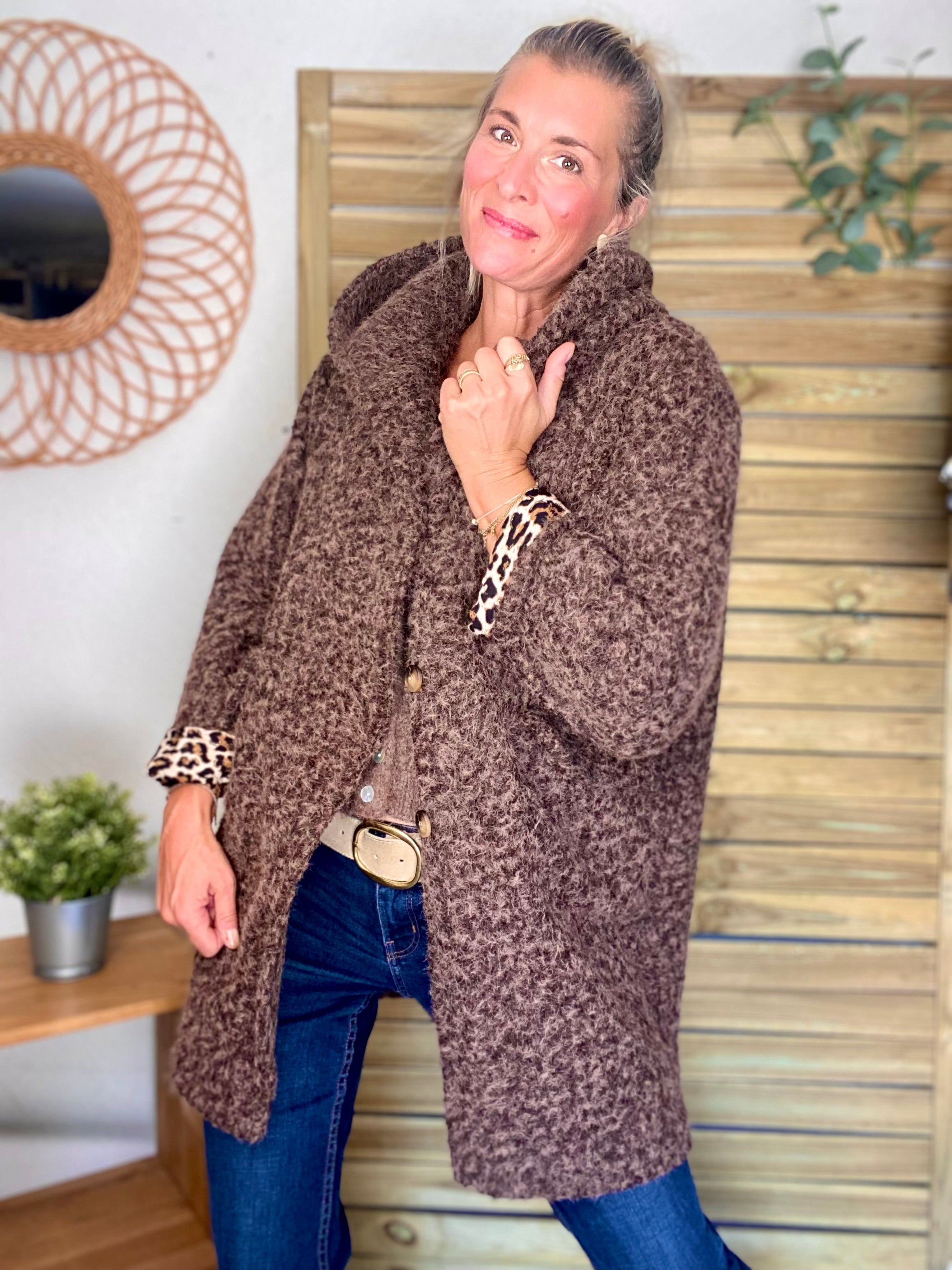 Manteau en laine EUGÉNIE avec détails Léo 🐆 - Chocolat
