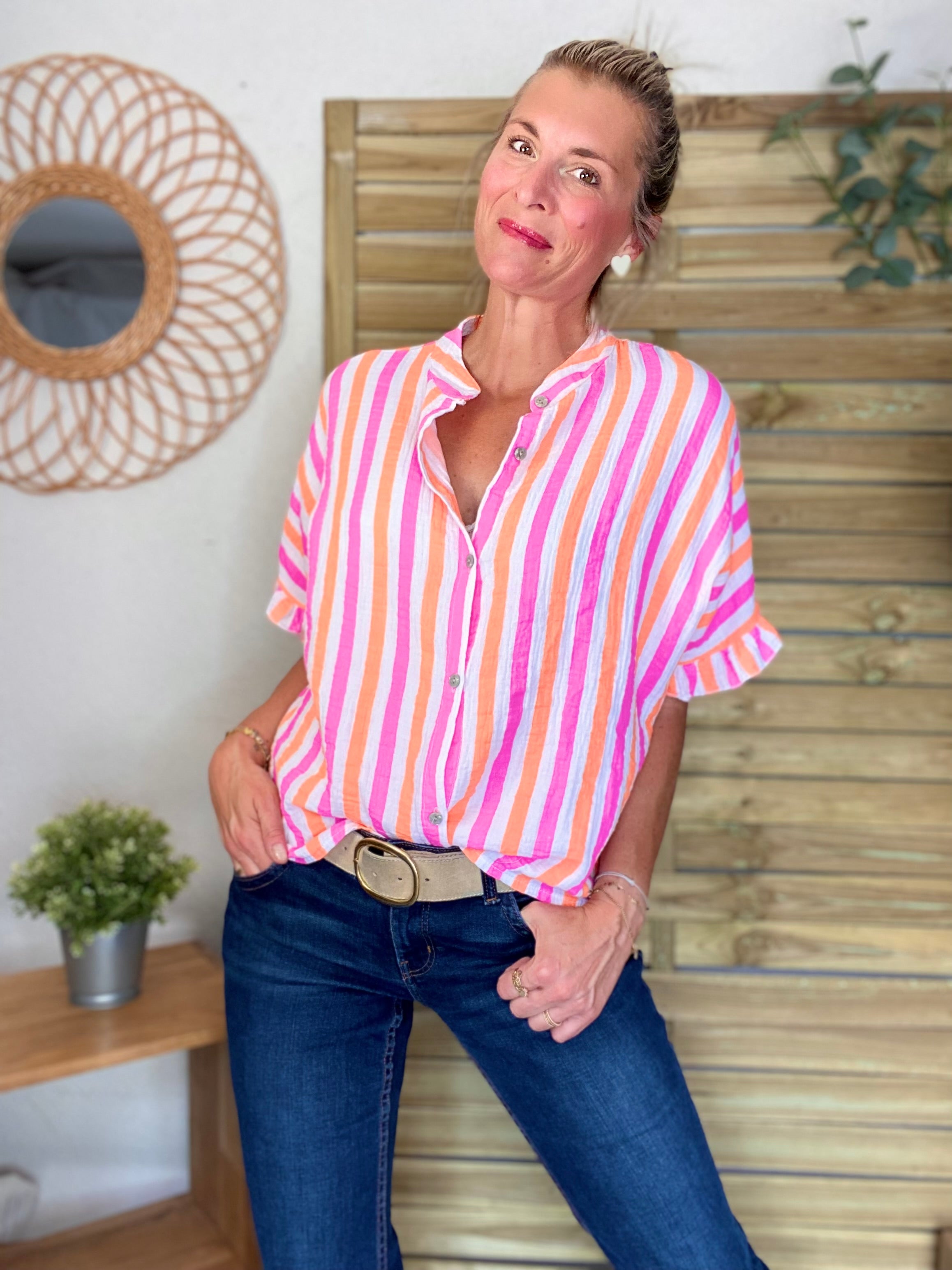 Chemise oversize rayée orange et fuschia en gaze de coton FÉLICIE