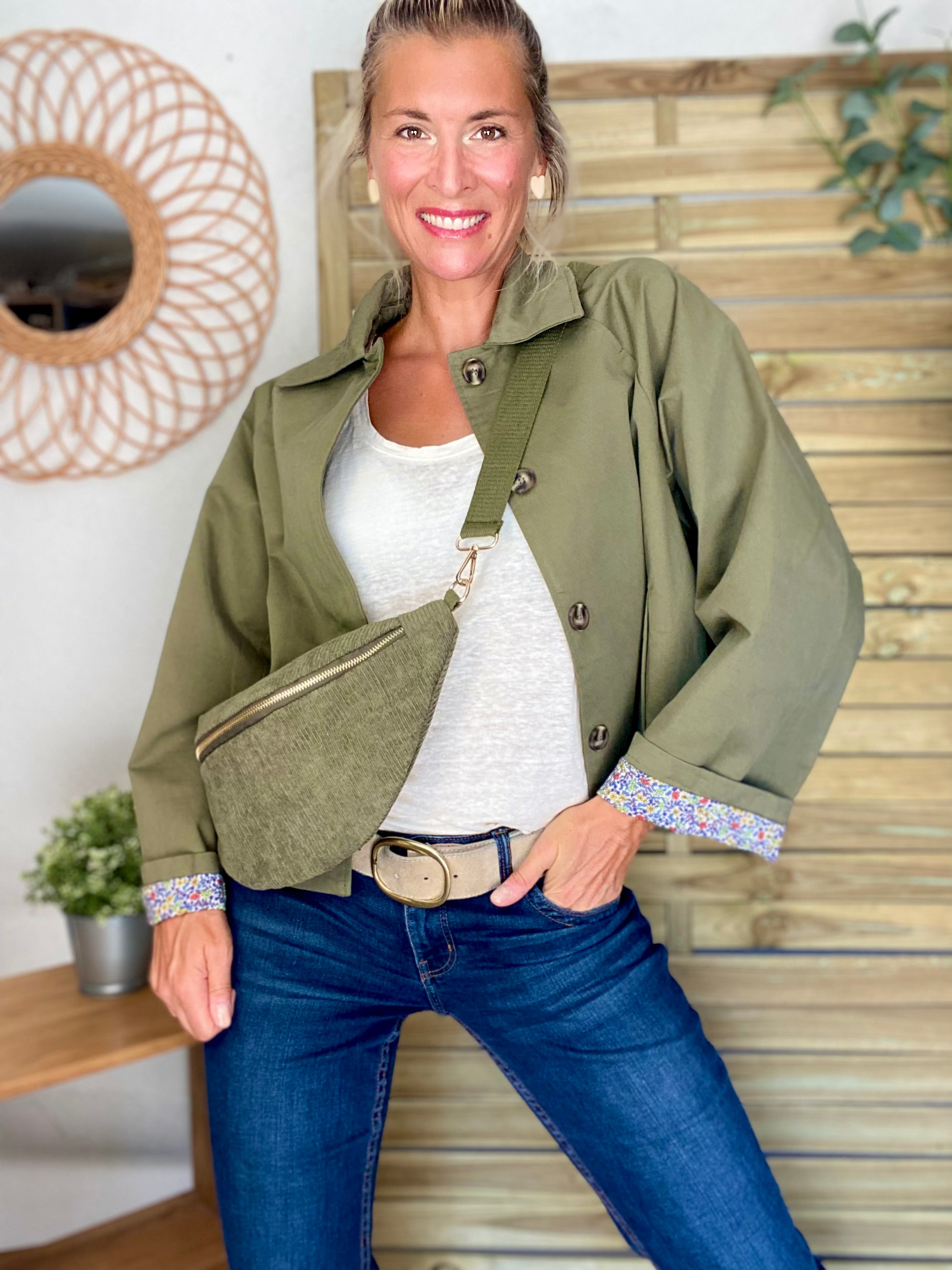 Veste Trench en coton kaki avec Liberty - MAHAUT