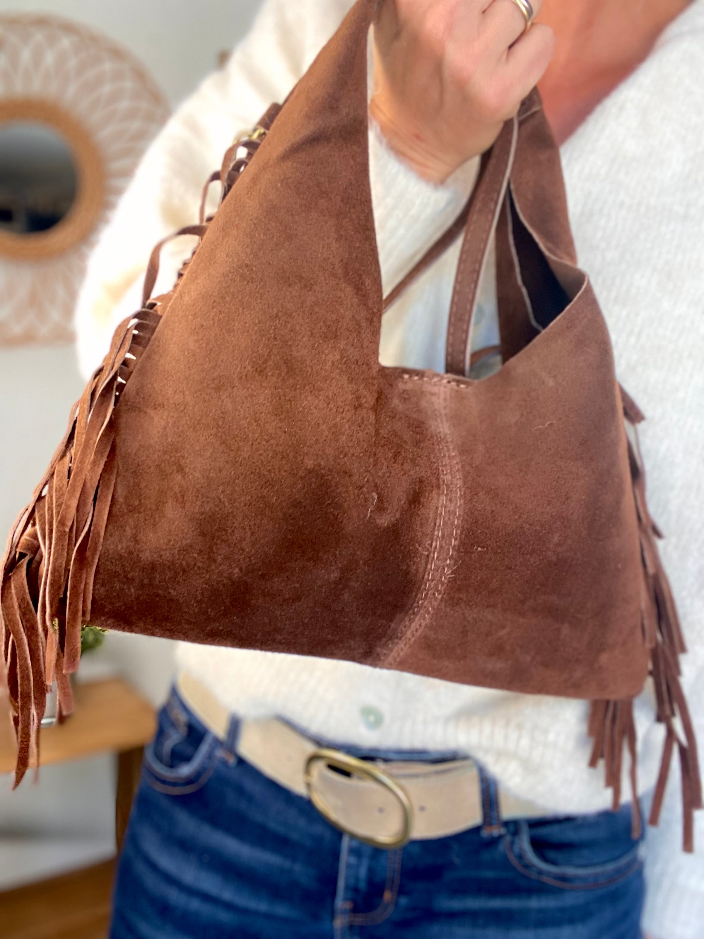 Sac en cuir daim avec franges AARON - Chocolat