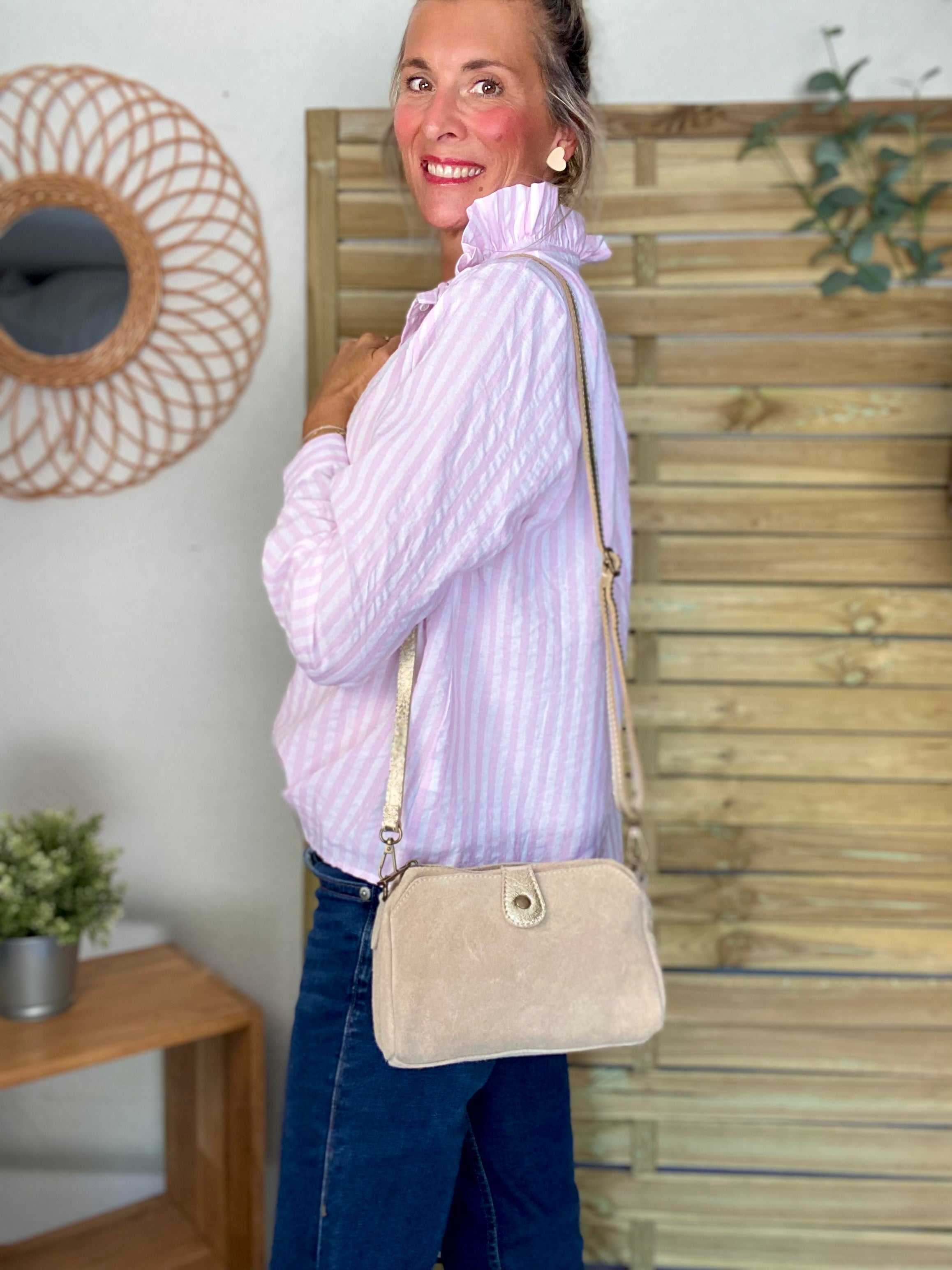 Sac bandoulière en cuir EZRA - Beige/Doré