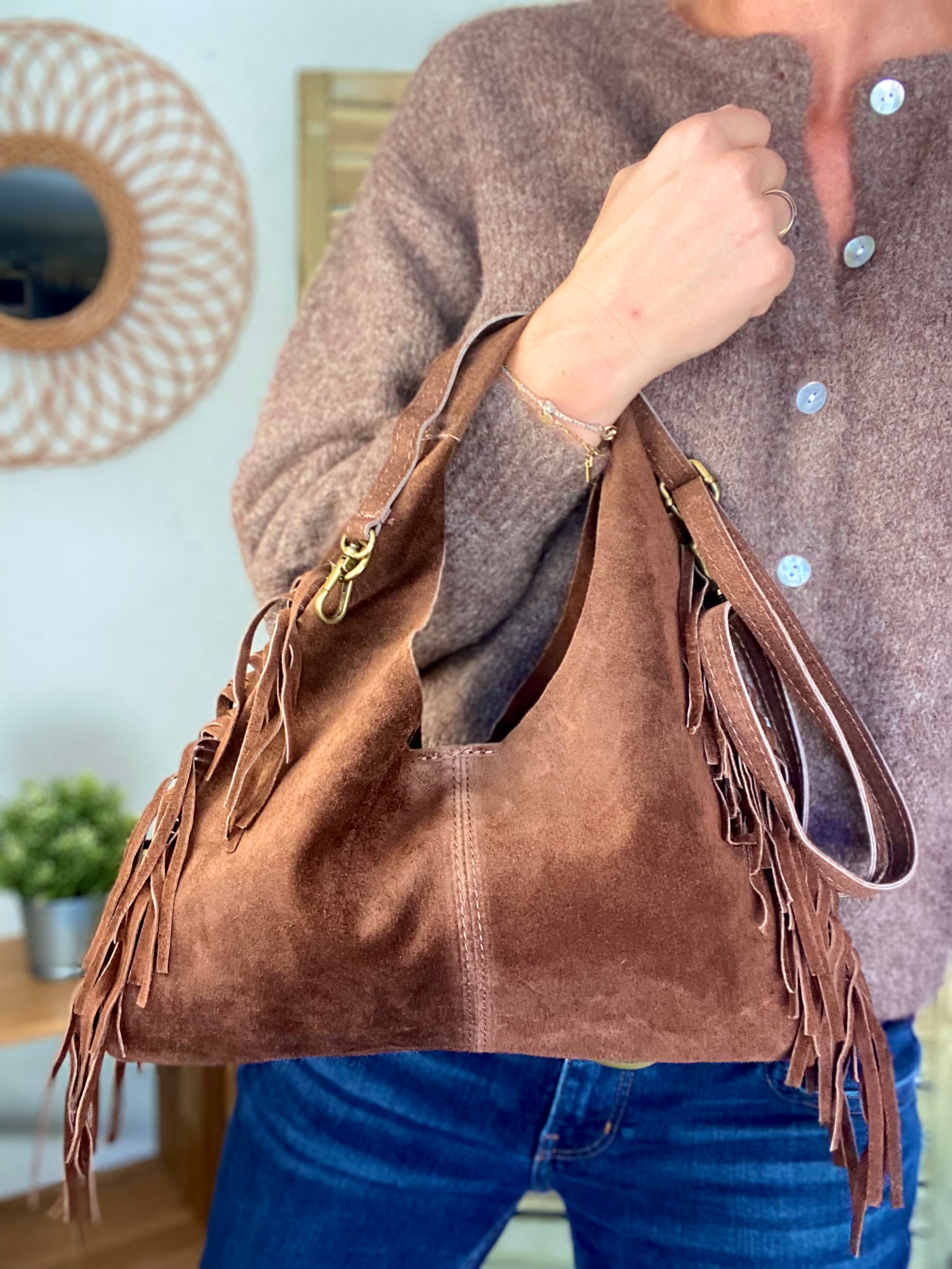 Sac en cuir daim avec franges AARON - Chocolat