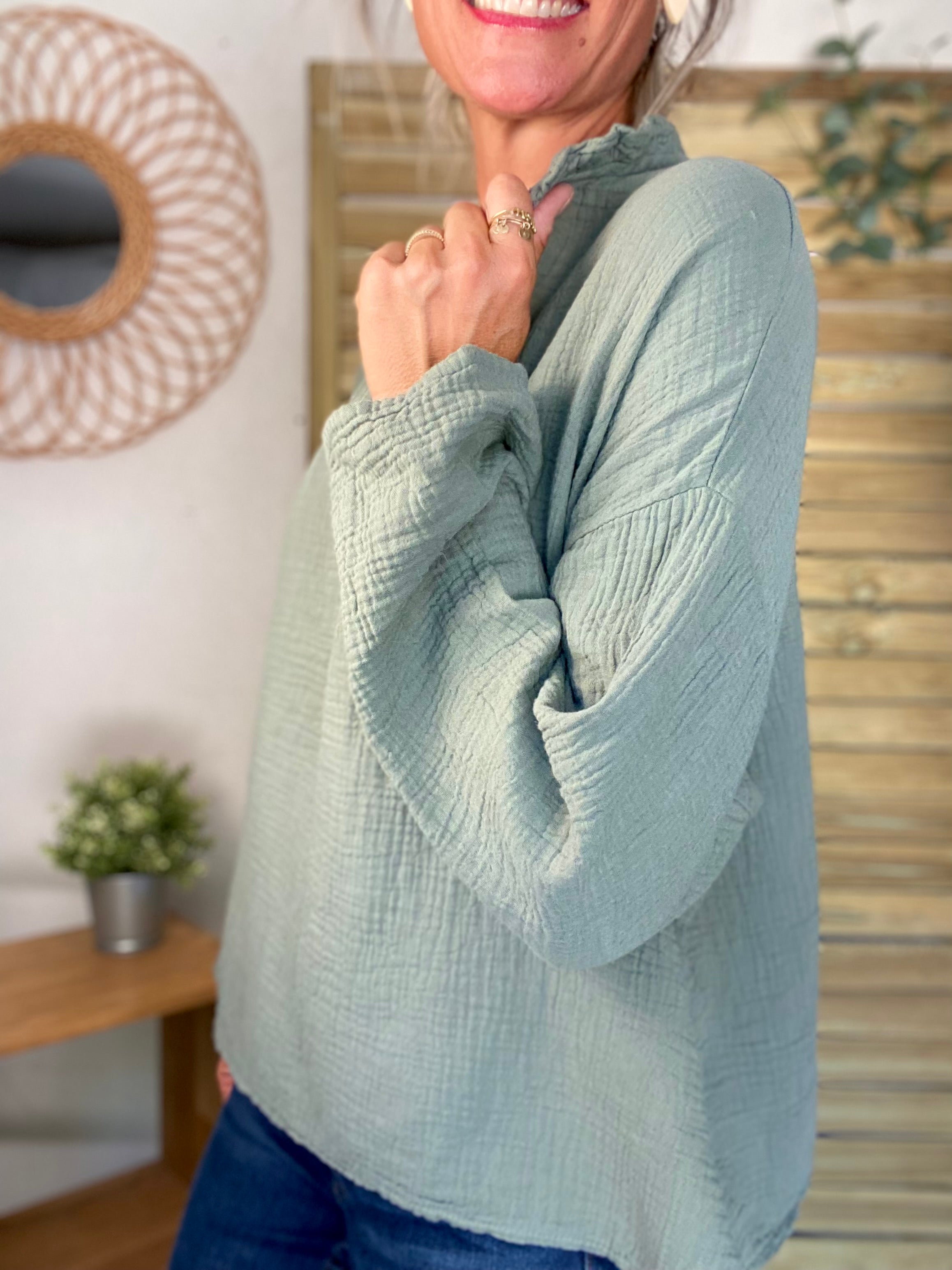 Blouse en gaze de coton SIERRA Kaki - manches longues