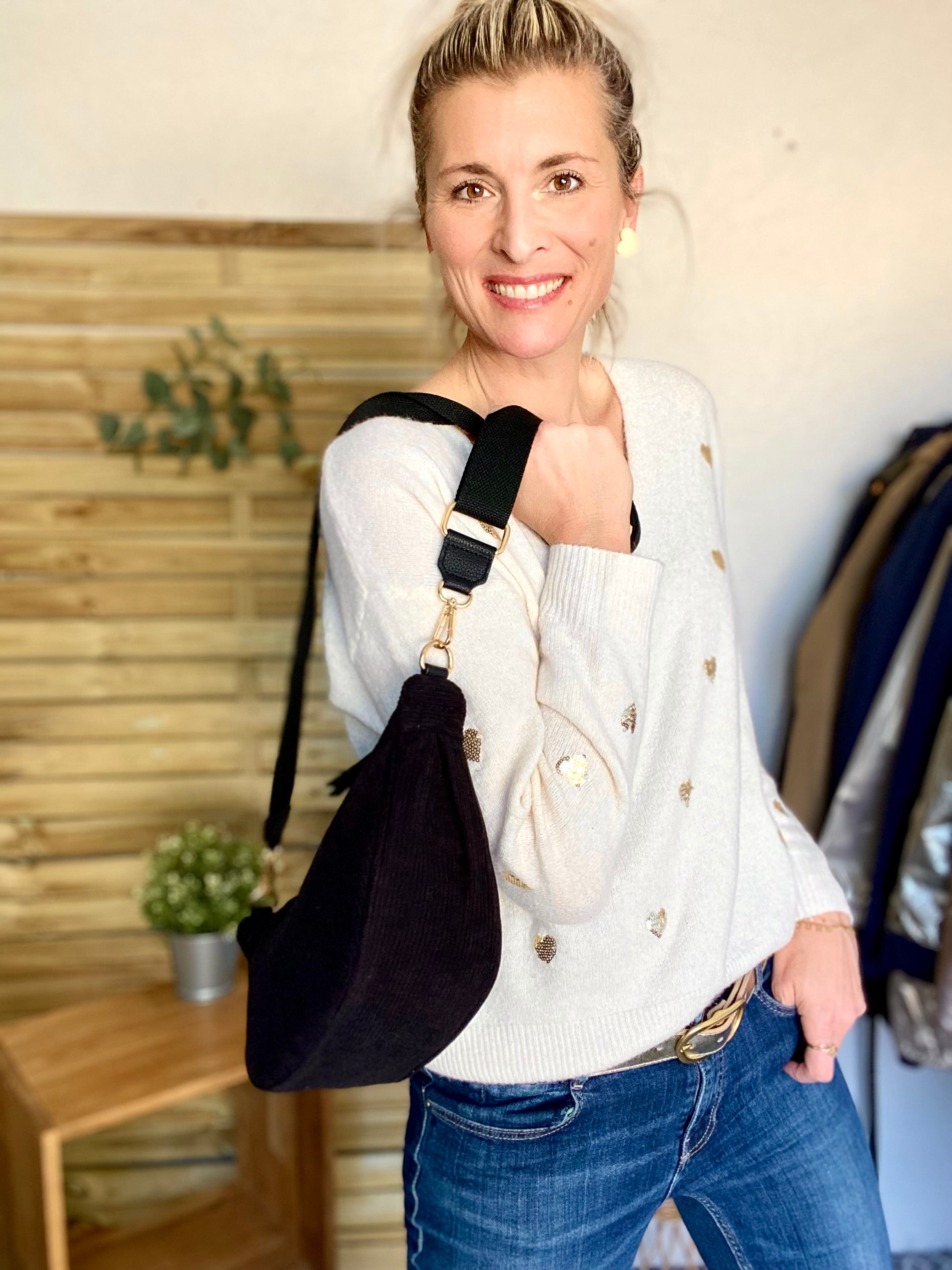 Sac besace demi-lune XL velours côtelé - AMY - Noir
