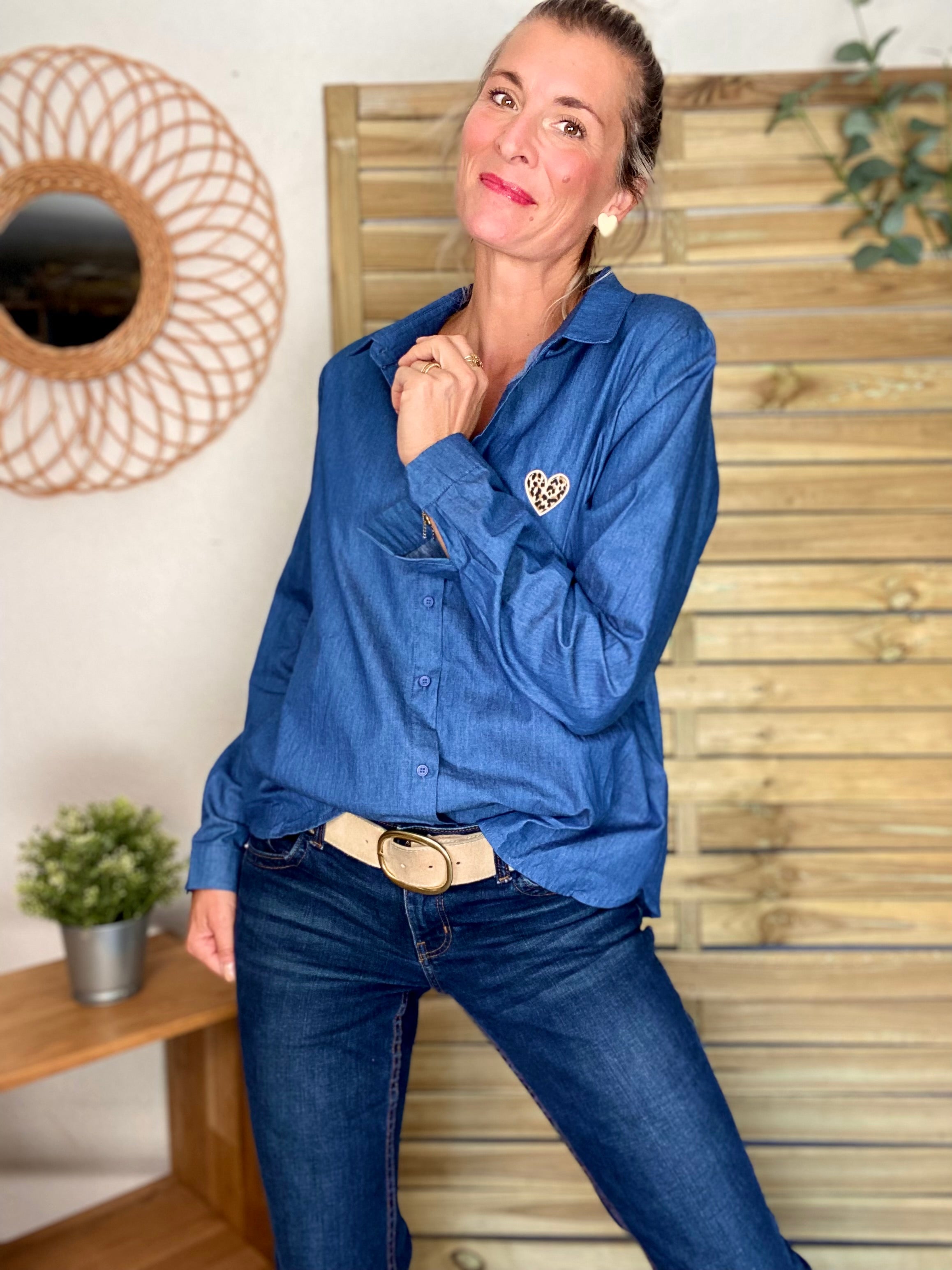 Chemise en coton brodé coeur Léo 🐆 LISE - Bleu jean