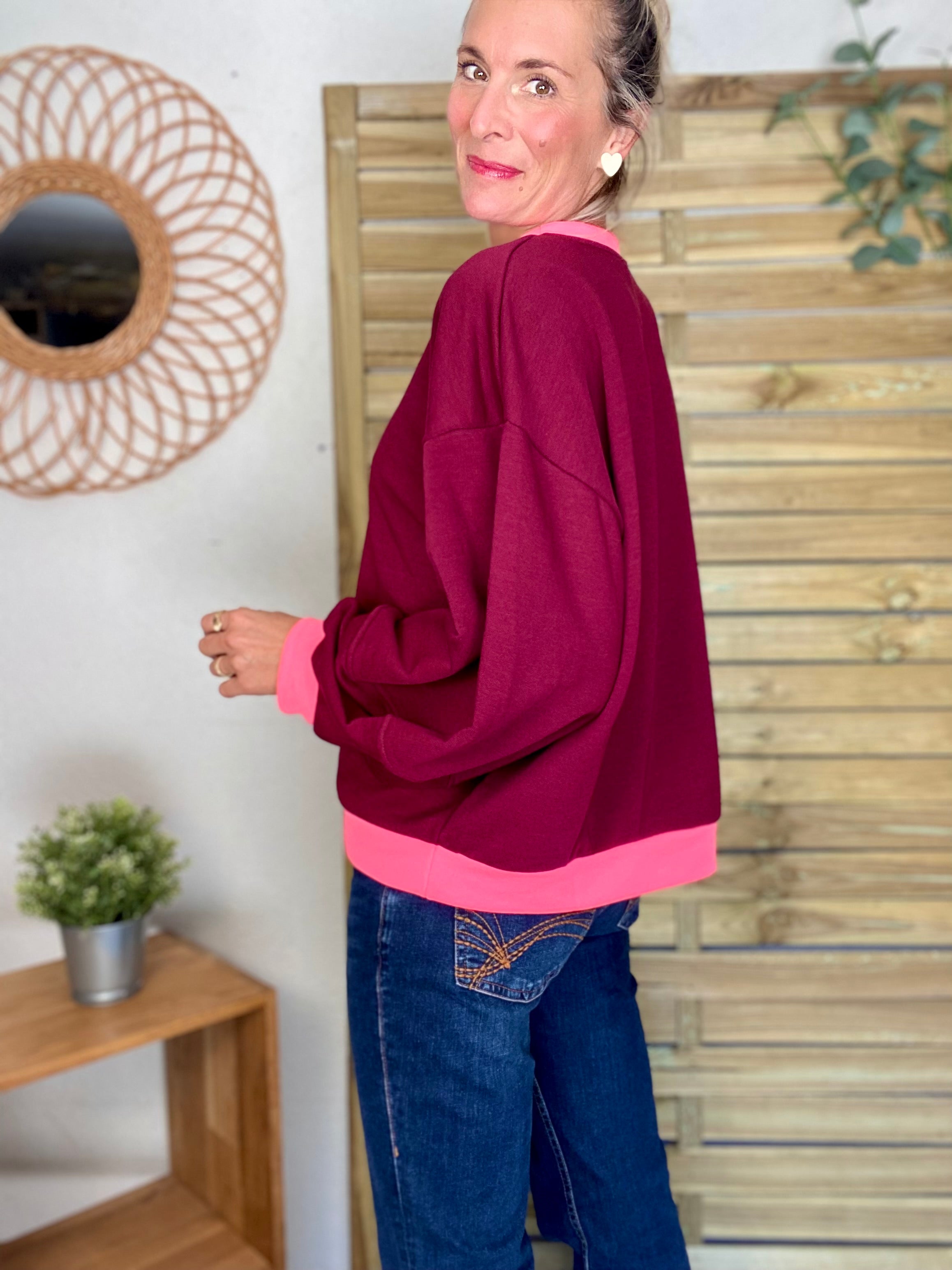 Sweat oversize uni Bordeaux/Rose fluo ISALINE
