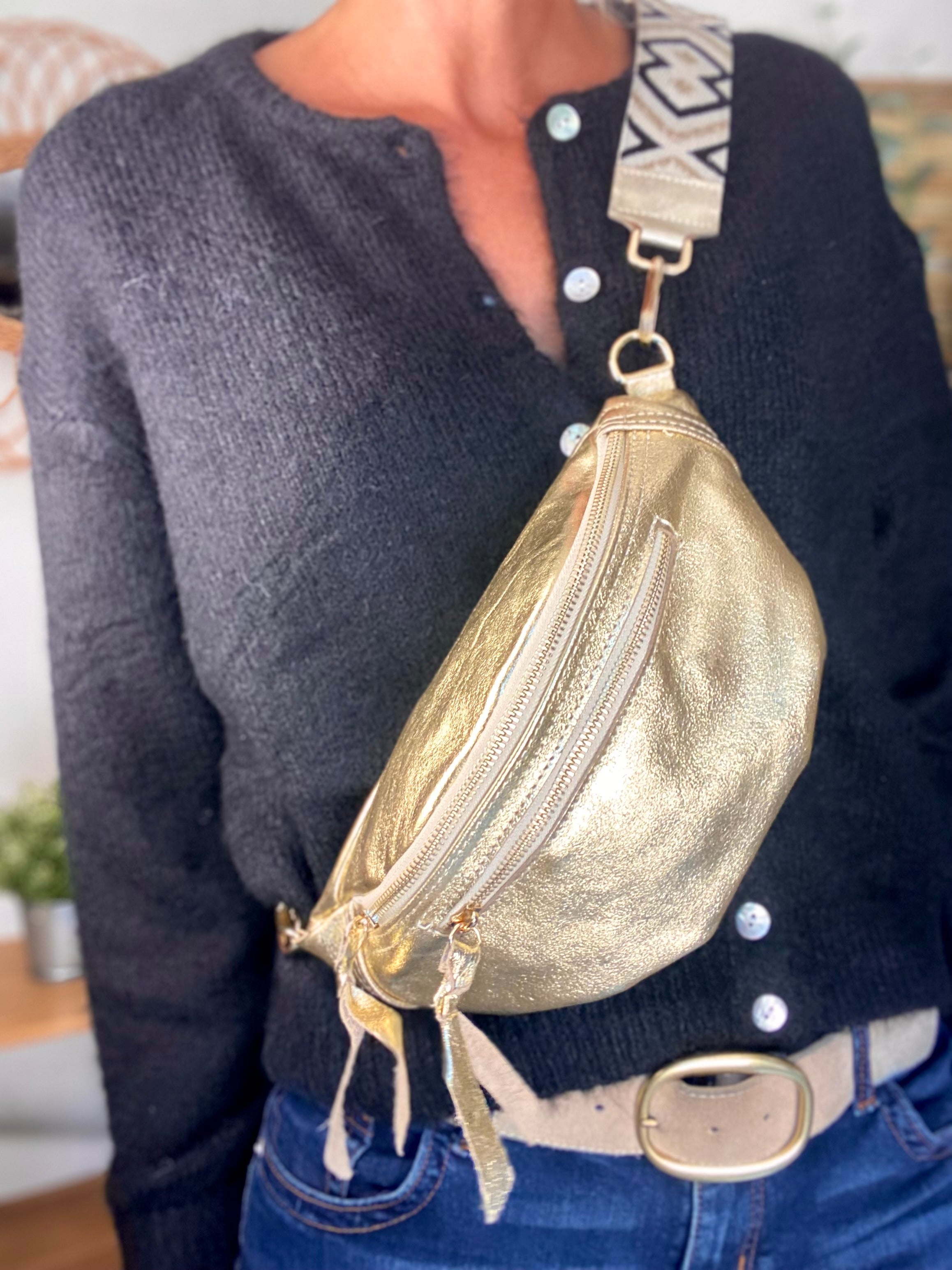 Sac banane en cuir irisé double poche - OPALE - Doré / doré