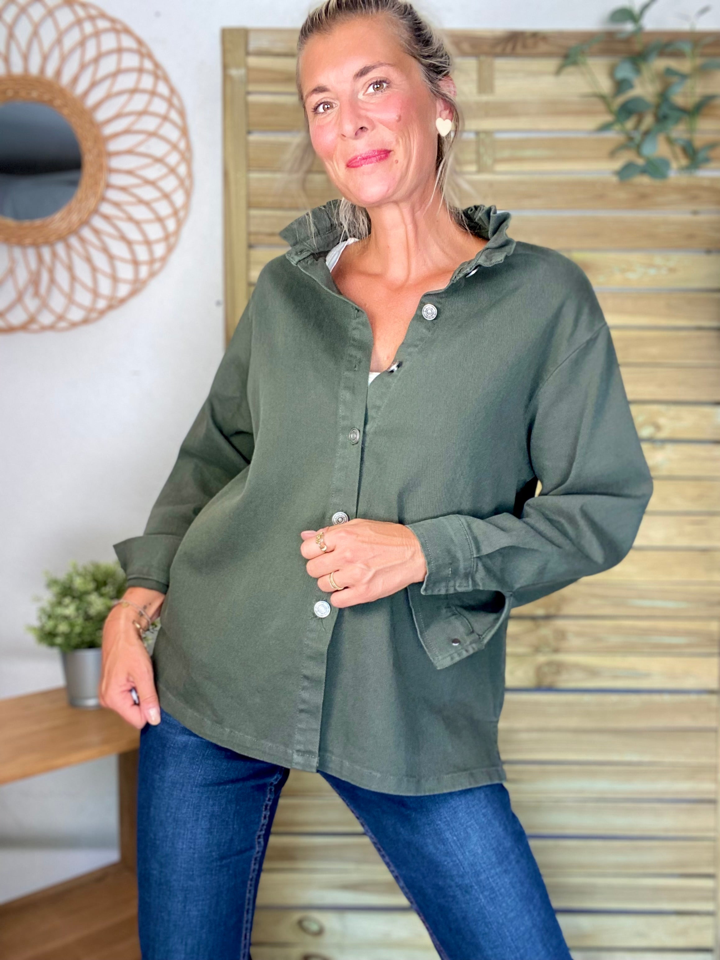 Veste / Chemise en coton, col volanté Kaki LISON