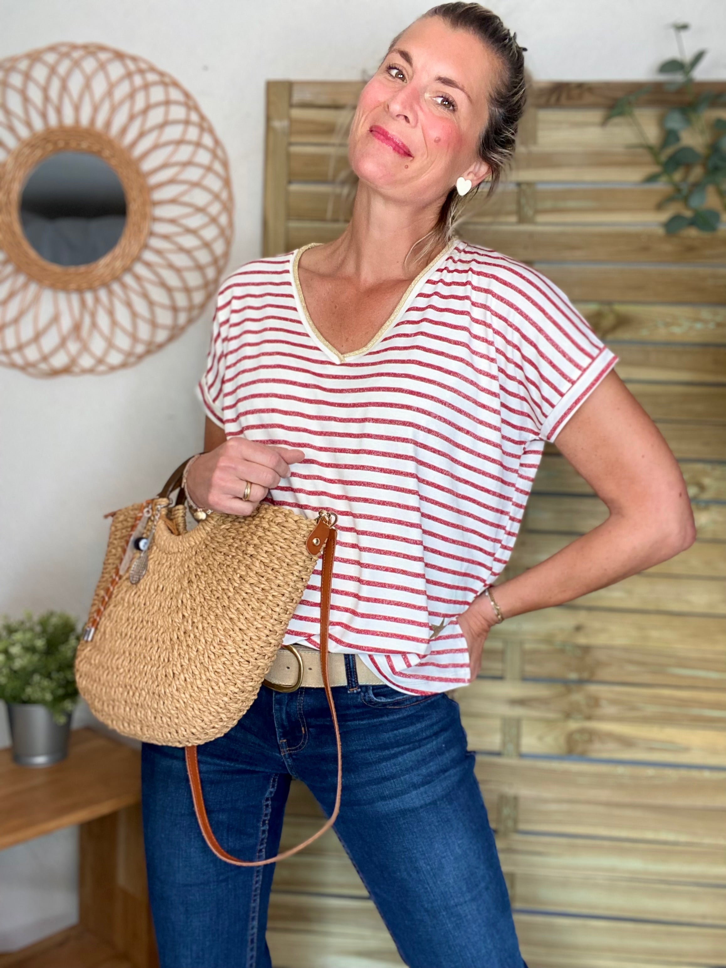 Sac à main et bandoulière en paille PAULA - Beige foncé