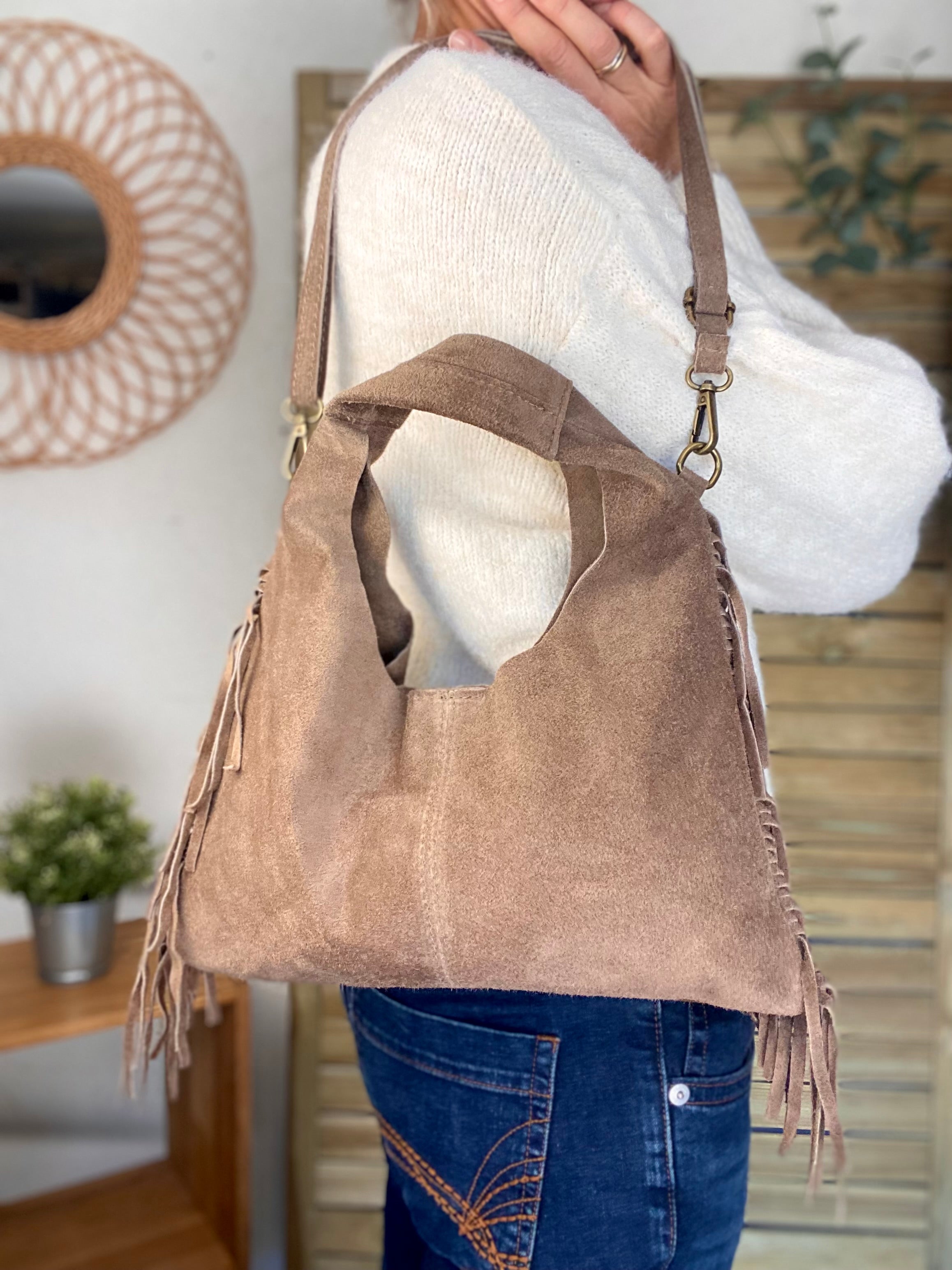 Sac en cuir daim avec franges AARON - Beige taupe