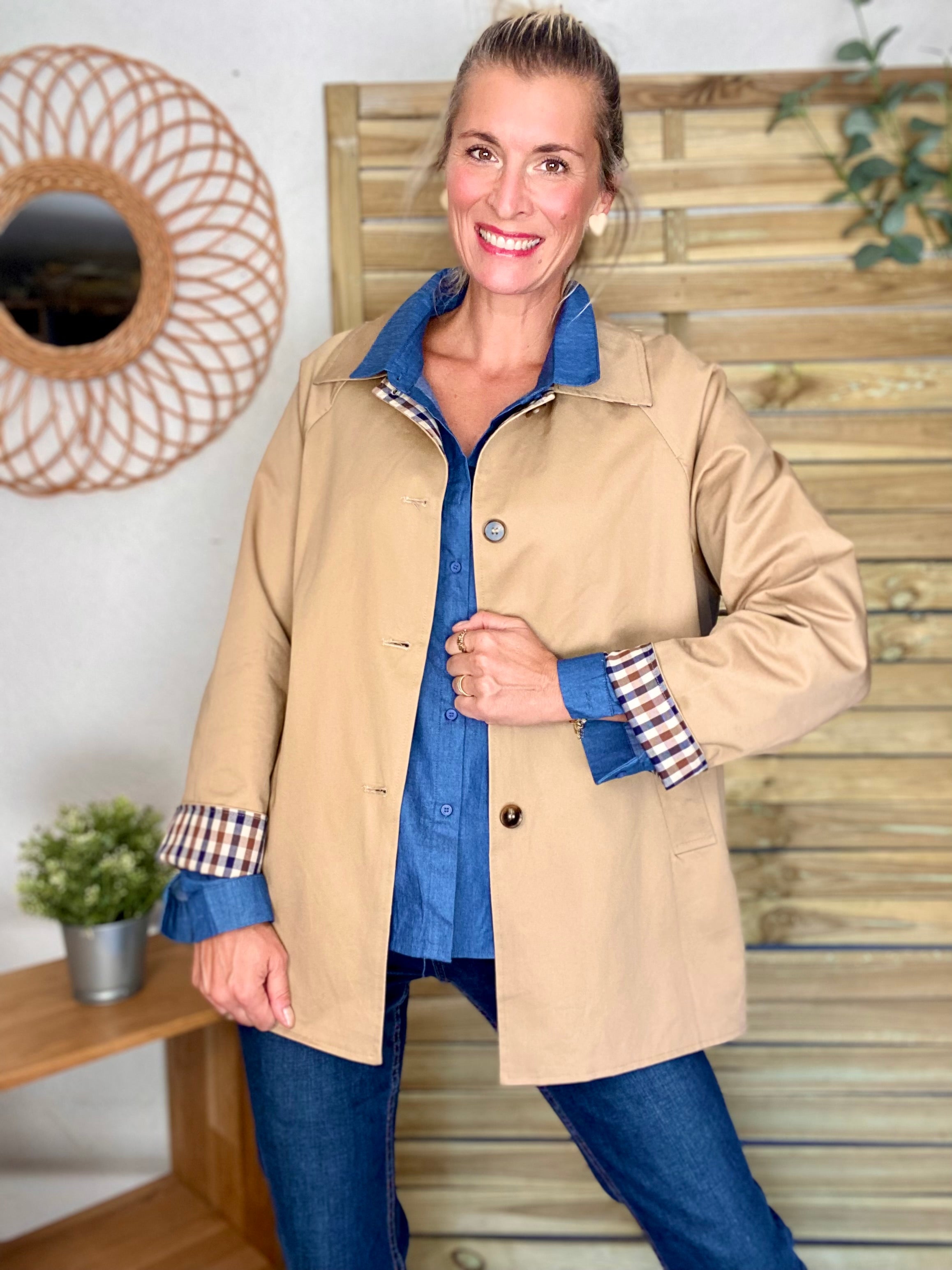 Veste Trench mi long réversible vichy LENA - Camel clair