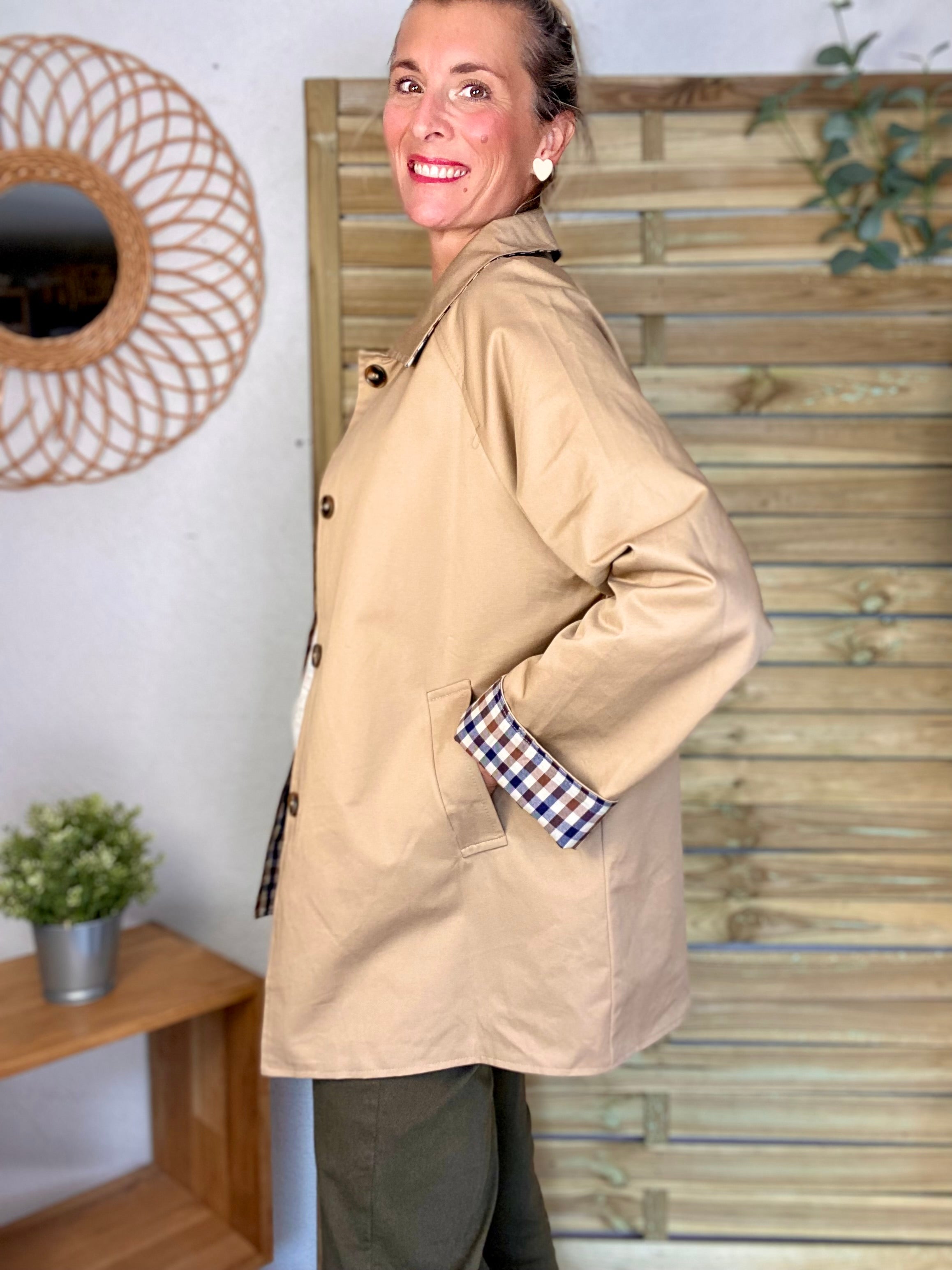 Veste Trench mi long réversible vichy LENA - Camel clair