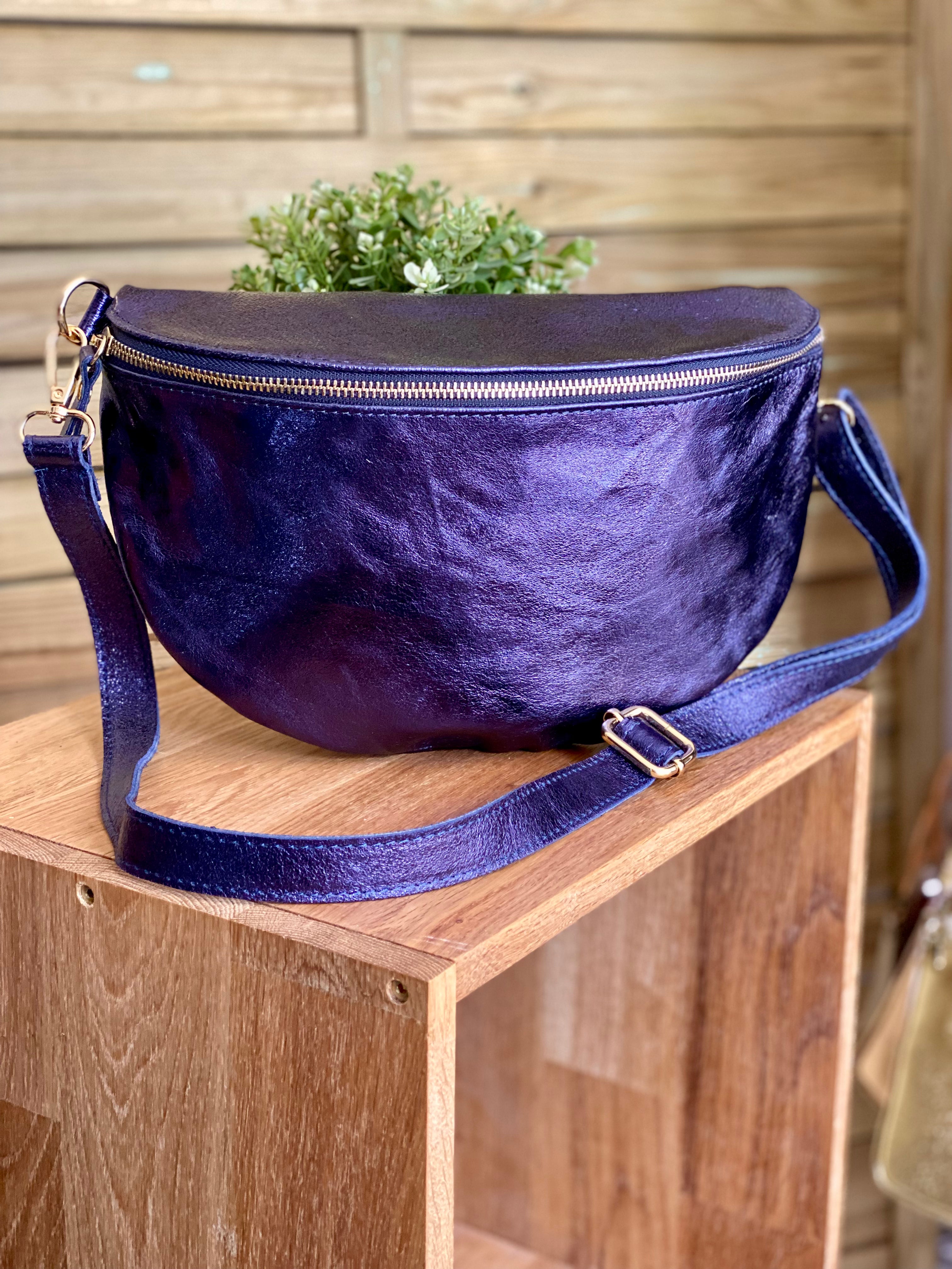 Sac banane XL en cuir irisé 30cm - JANIS - Bleu marine