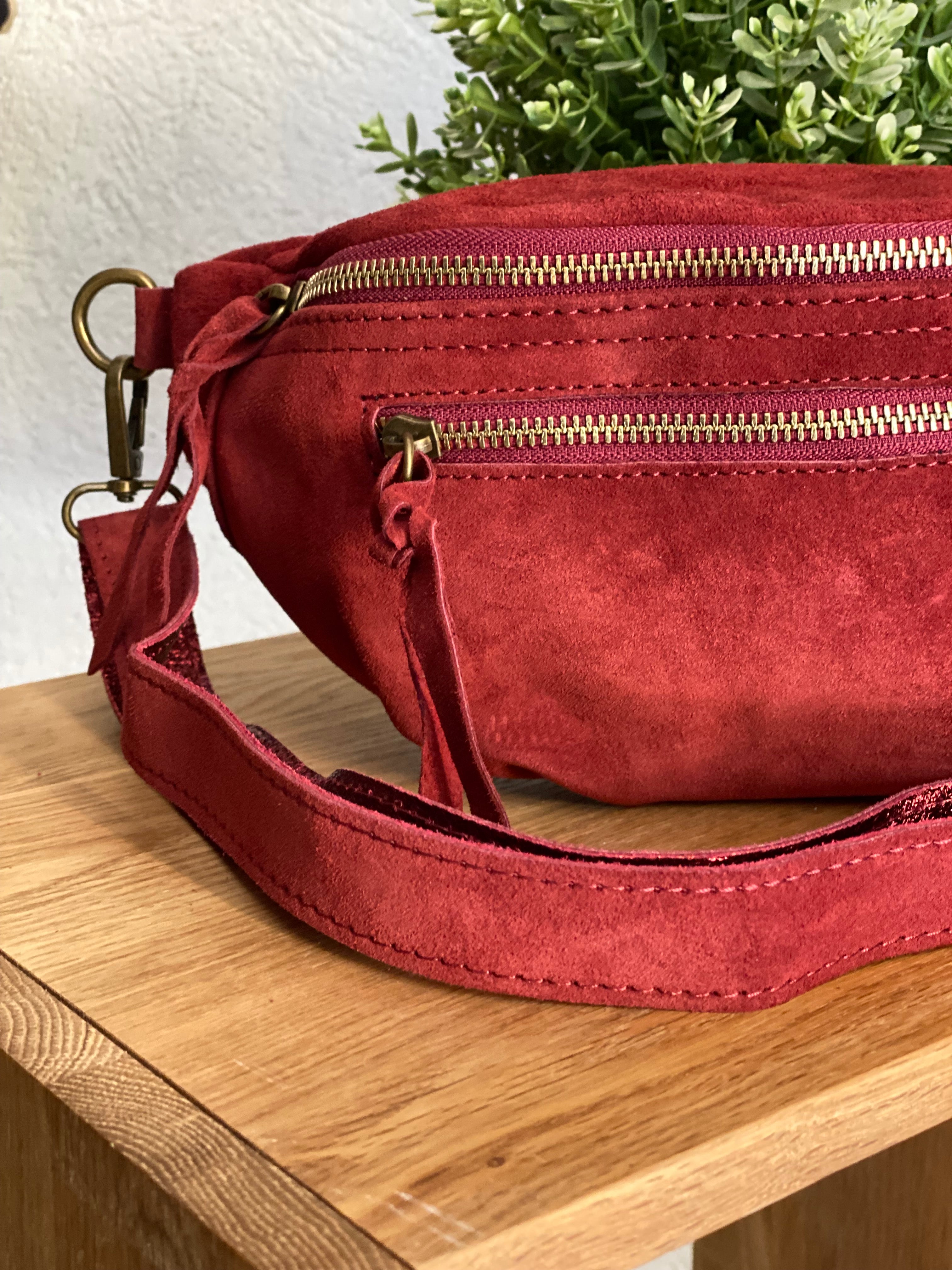 Sac banane double poche en cuir daim - OPALINE - Bordeaux