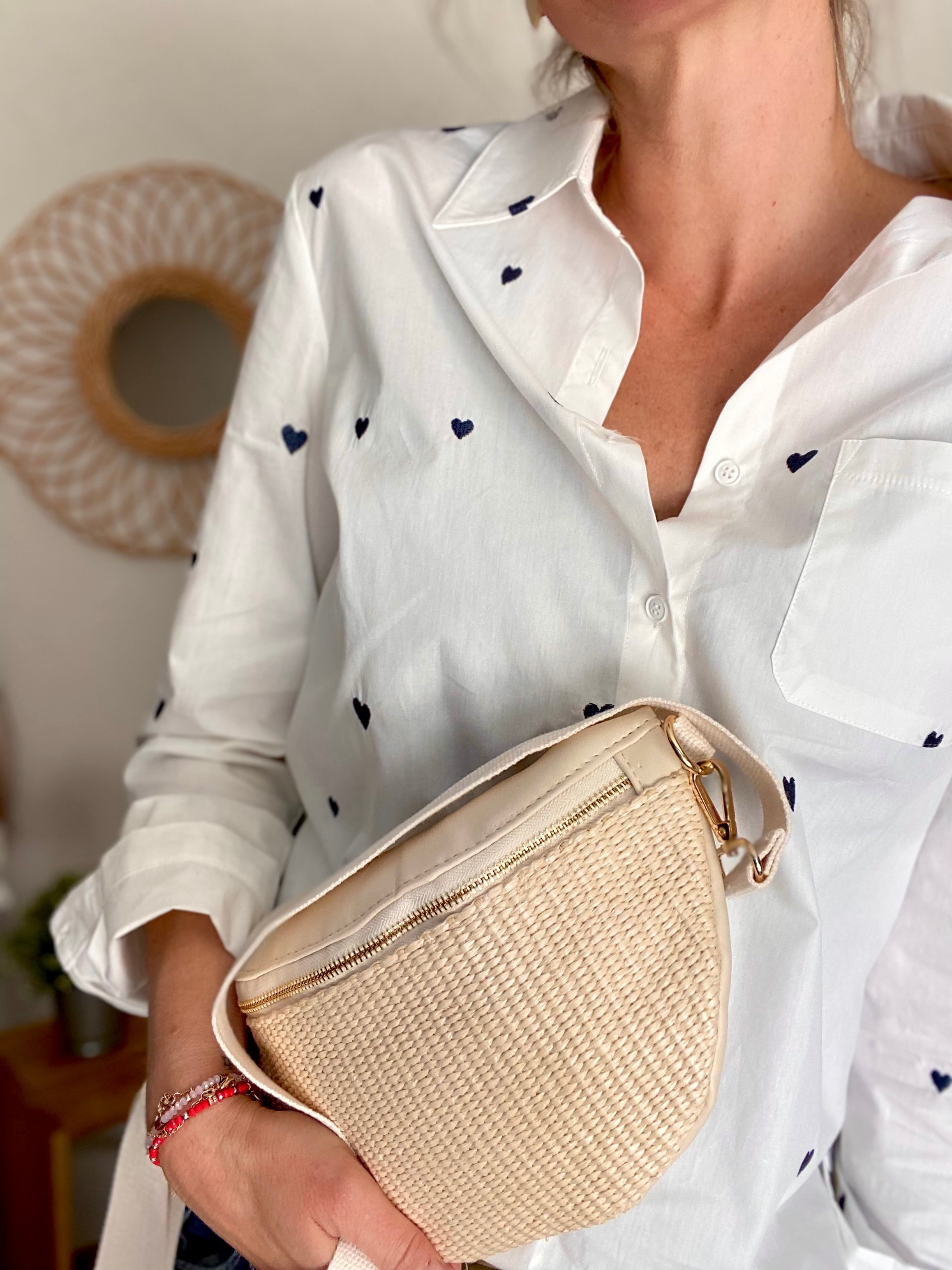 Sac banane bi-matière effet paille - DOLLY Atelier Paname - Beige clair / écru (format L) - FIN DE SÉRIE