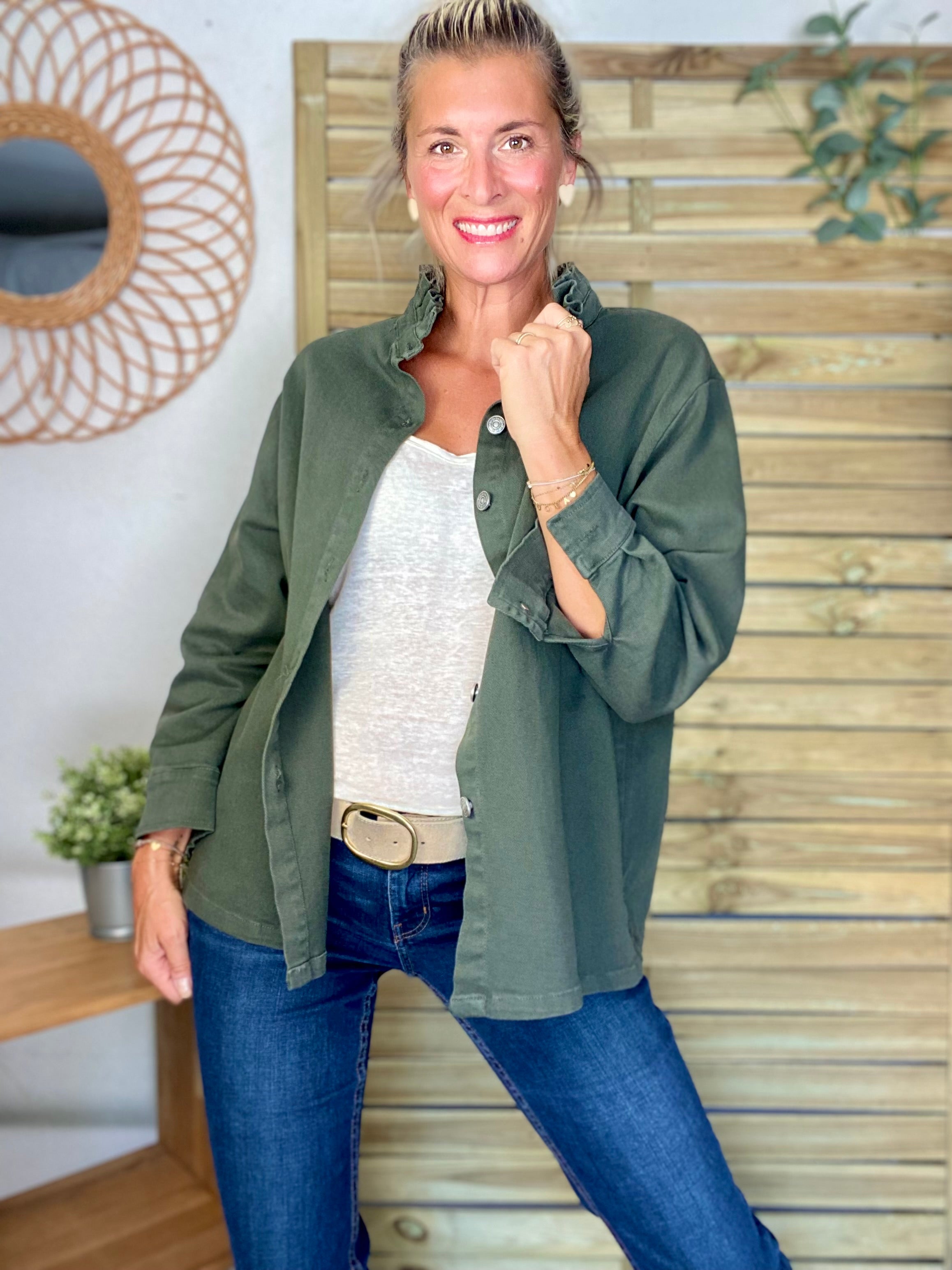 Veste / Chemise en coton, col volanté Kaki LISON