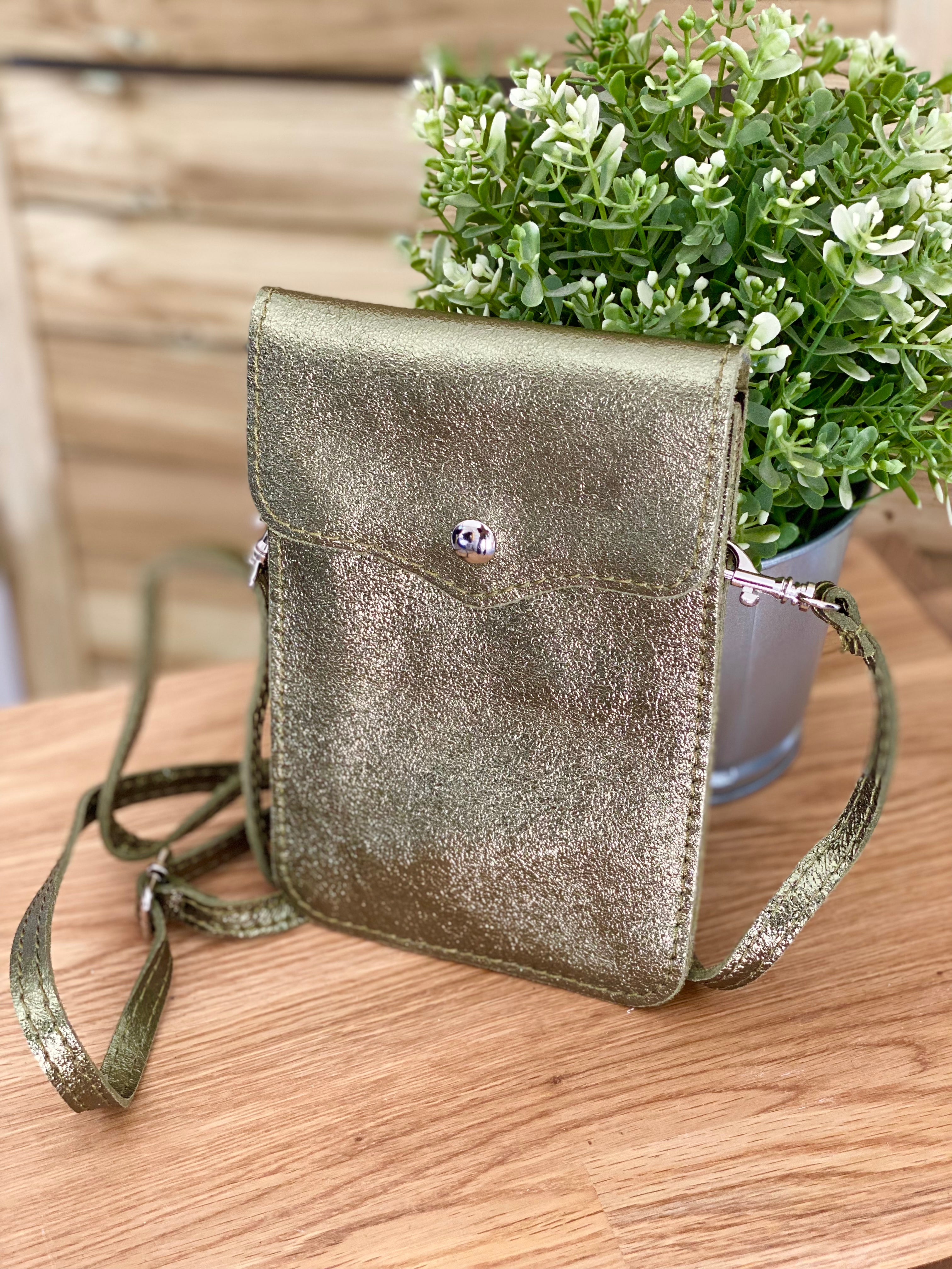 Pochette bandoulière en cuir irisé - FLORE - Kaki (7 coloris)