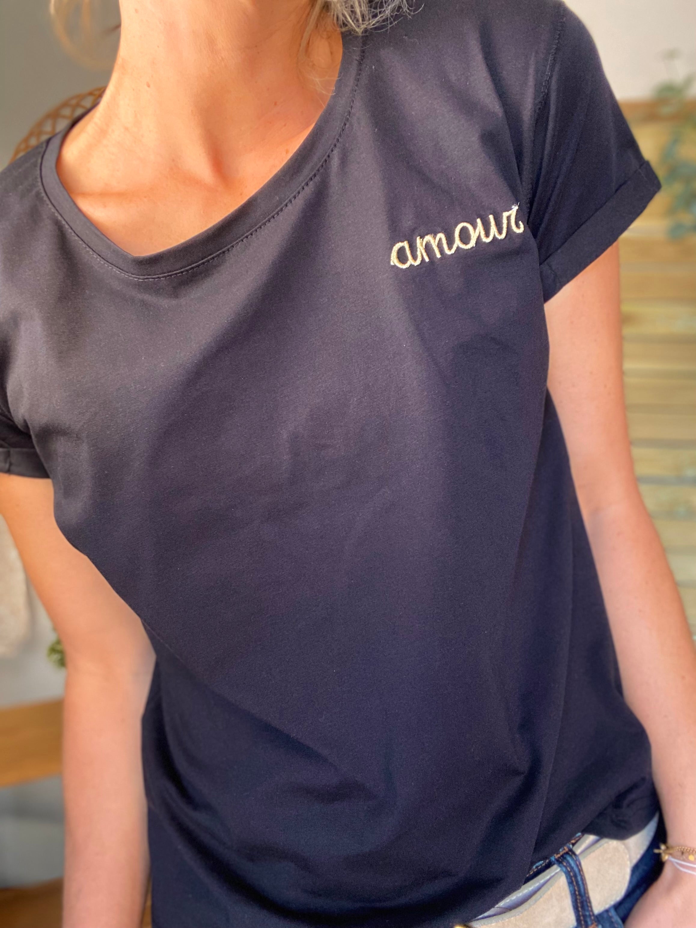 Tee shirt Noir amour brodé doré - MARIA
