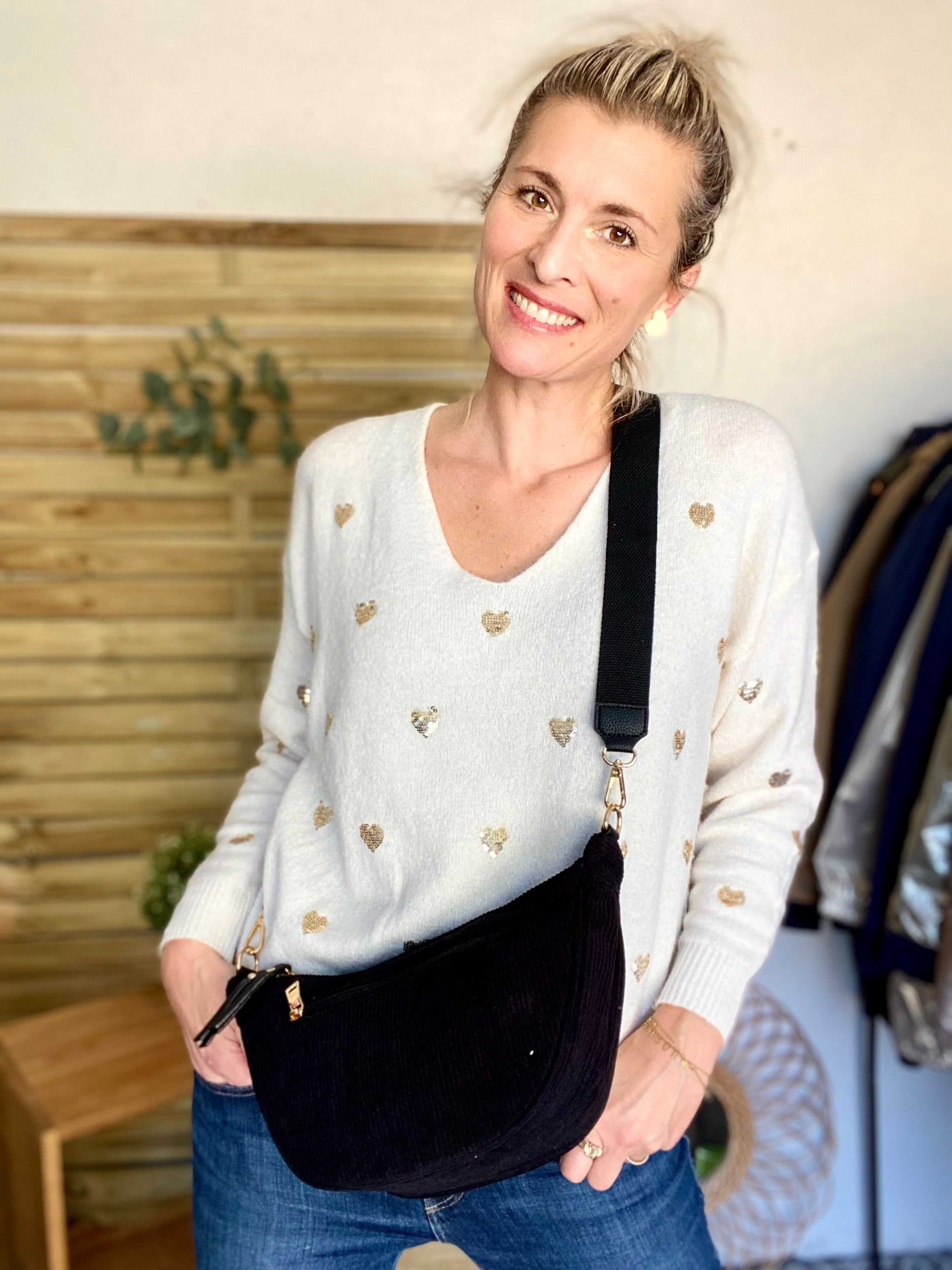 Sac besace demi-lune XL velours côtelé - AMY - Noir